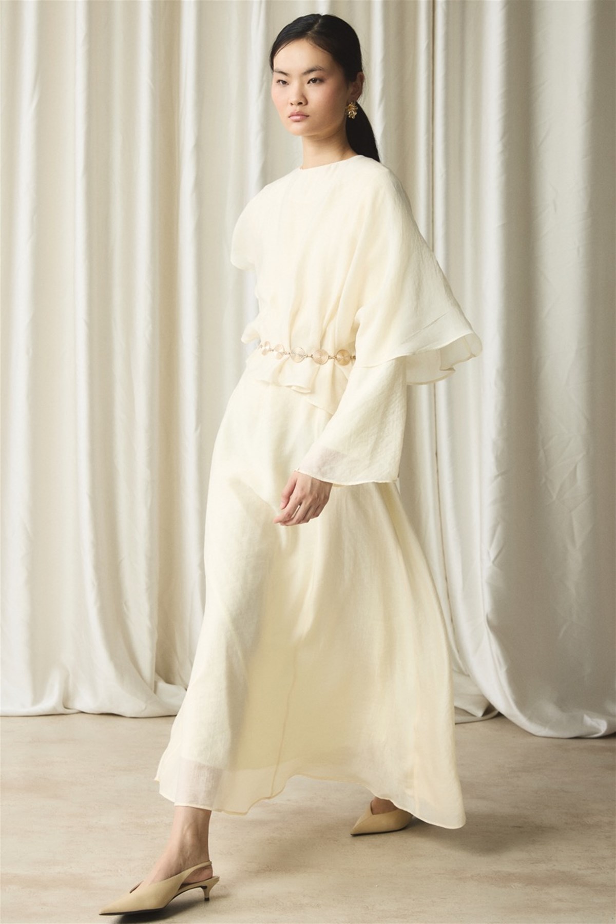 Omuz Detaylı Kemerli Elbise - Sarı