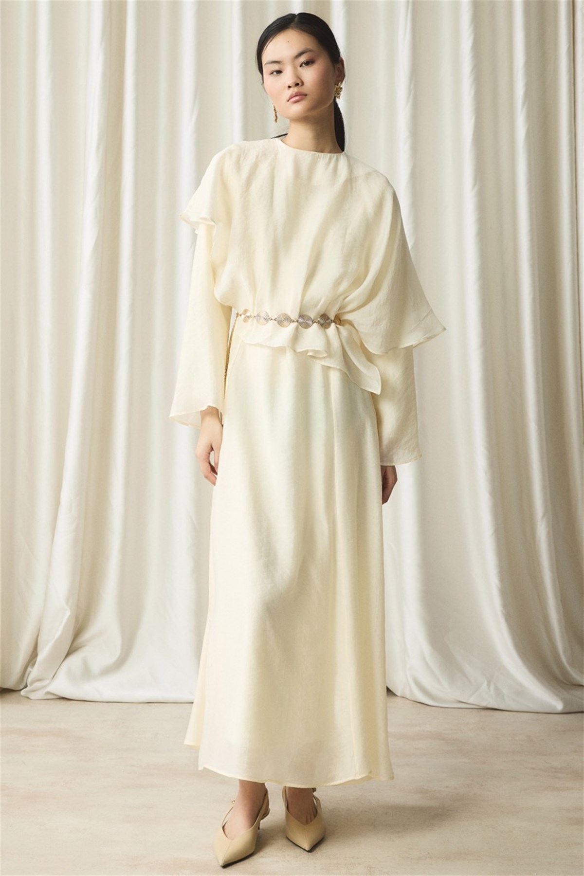 Omuz Detaylı Kemerli Elbise - Sarı