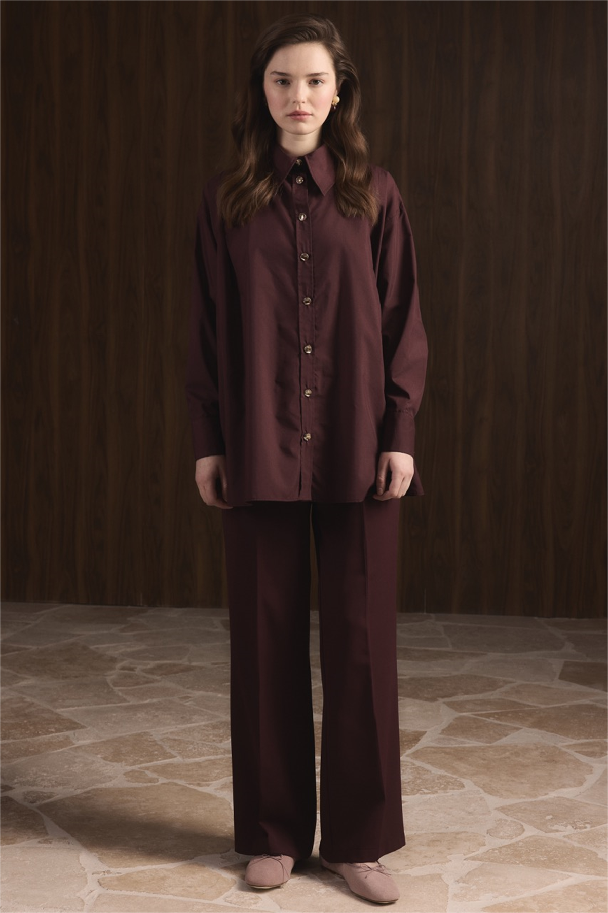 Omuz Pileli Dacron Gömlek - Bordo