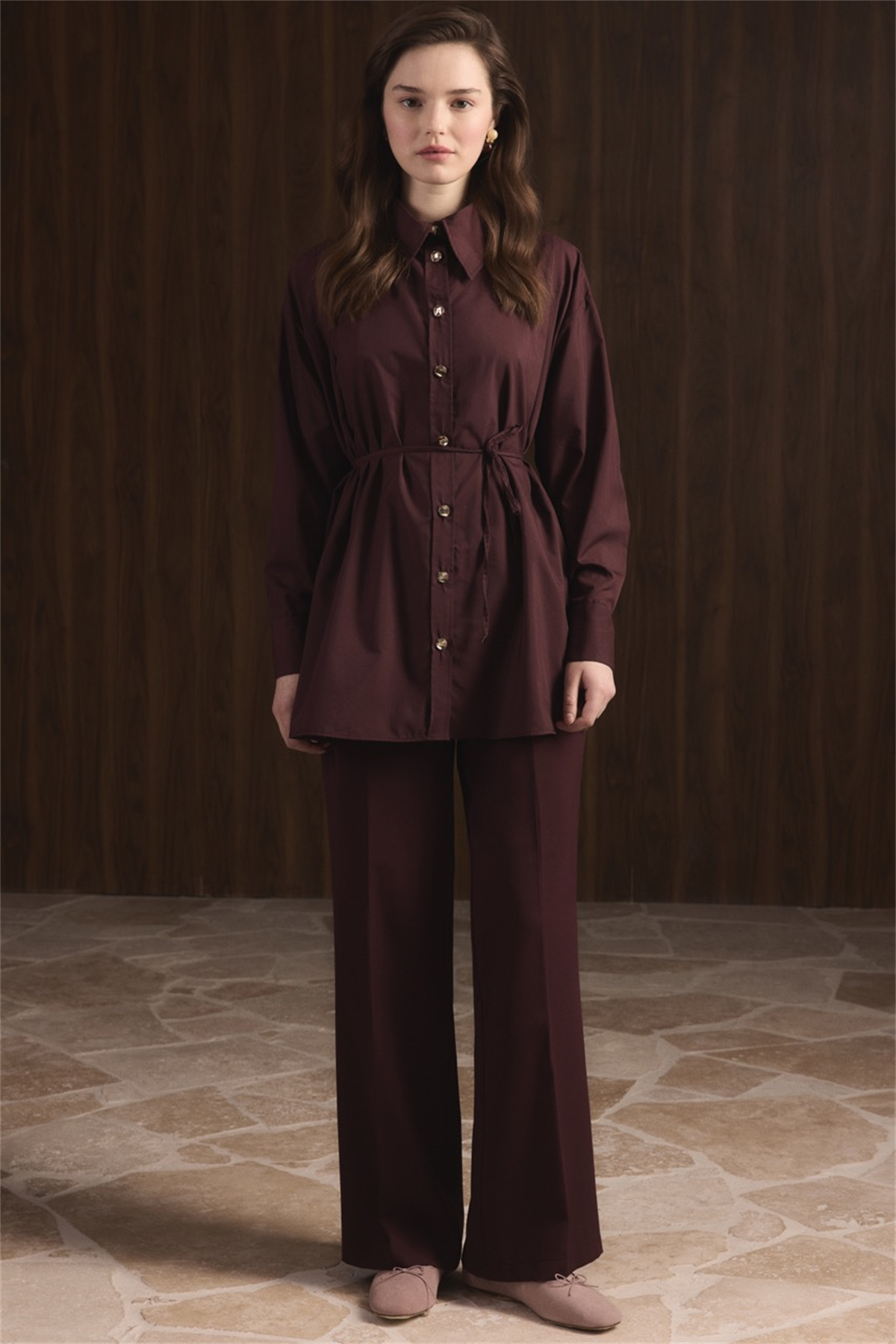 Omuz Pileli Dacron Gömlek - Bordo