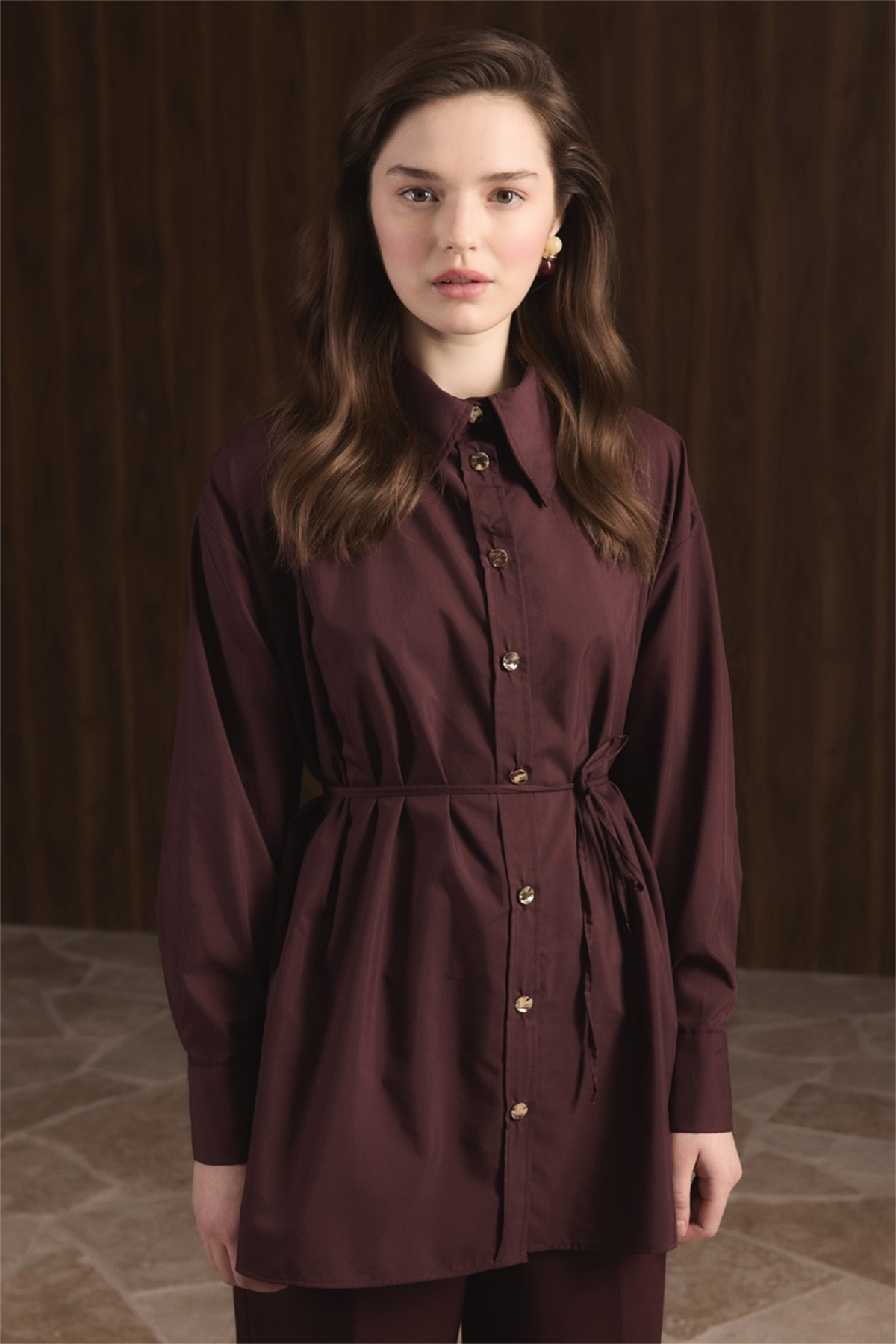 Omuz Pileli Dacron Gömlek - Bordo