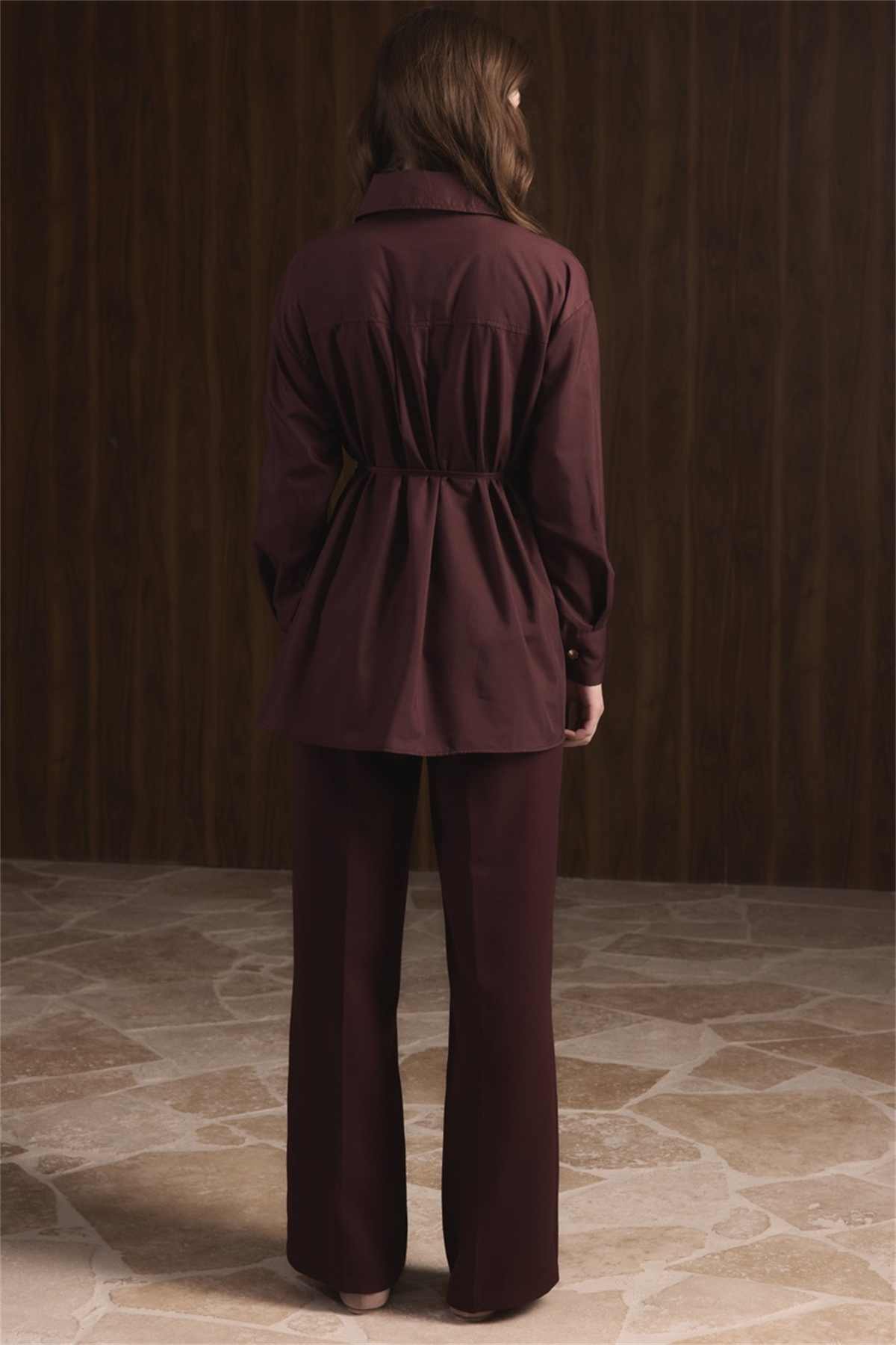 Omuz Pileli Dacron Gömlek - Bordo