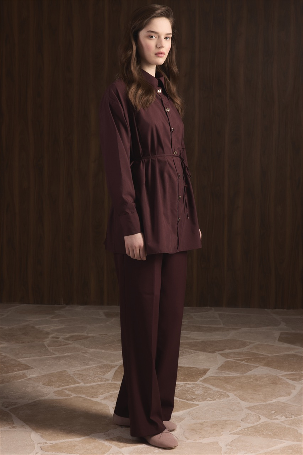 Omuz Pileli Dacron Gömlek - Bordo