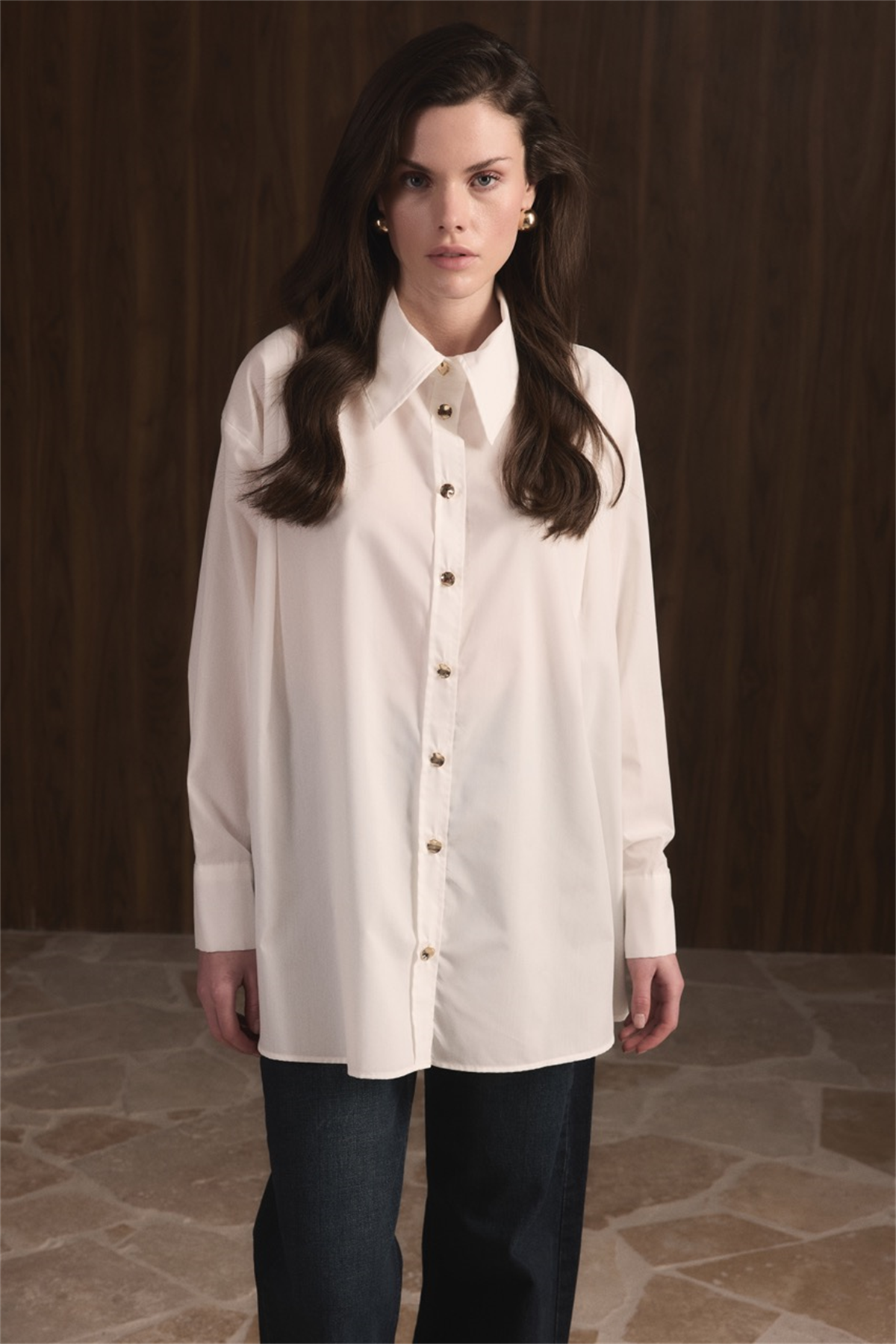 Omuz Pileli Dacron Gömlek - Ekru