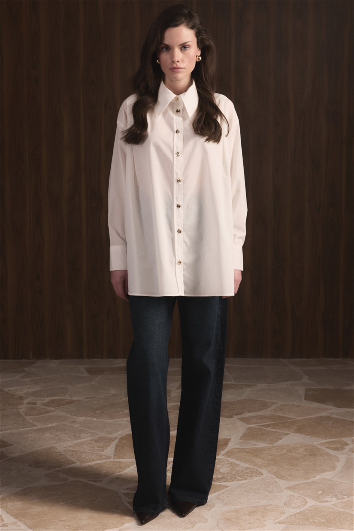 Omuz Pileli Dacron Gömlek - Ekru