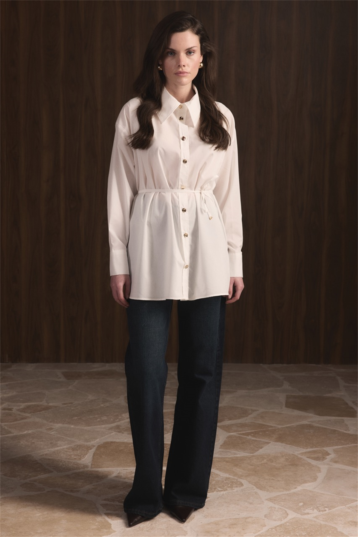 Omuz Pileli Dacron Gömlek - Ekru