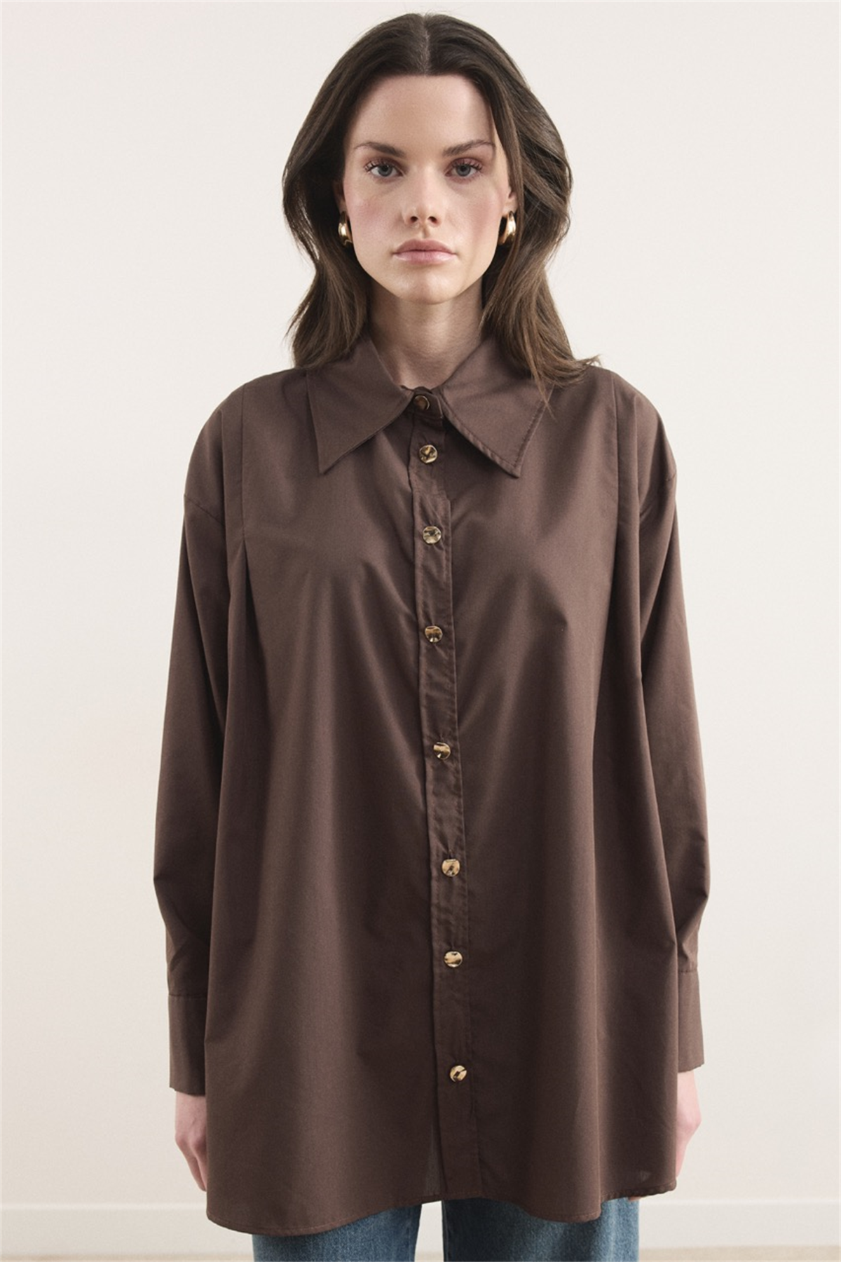Omuz Pileli Dacron Gömlek - Kahve