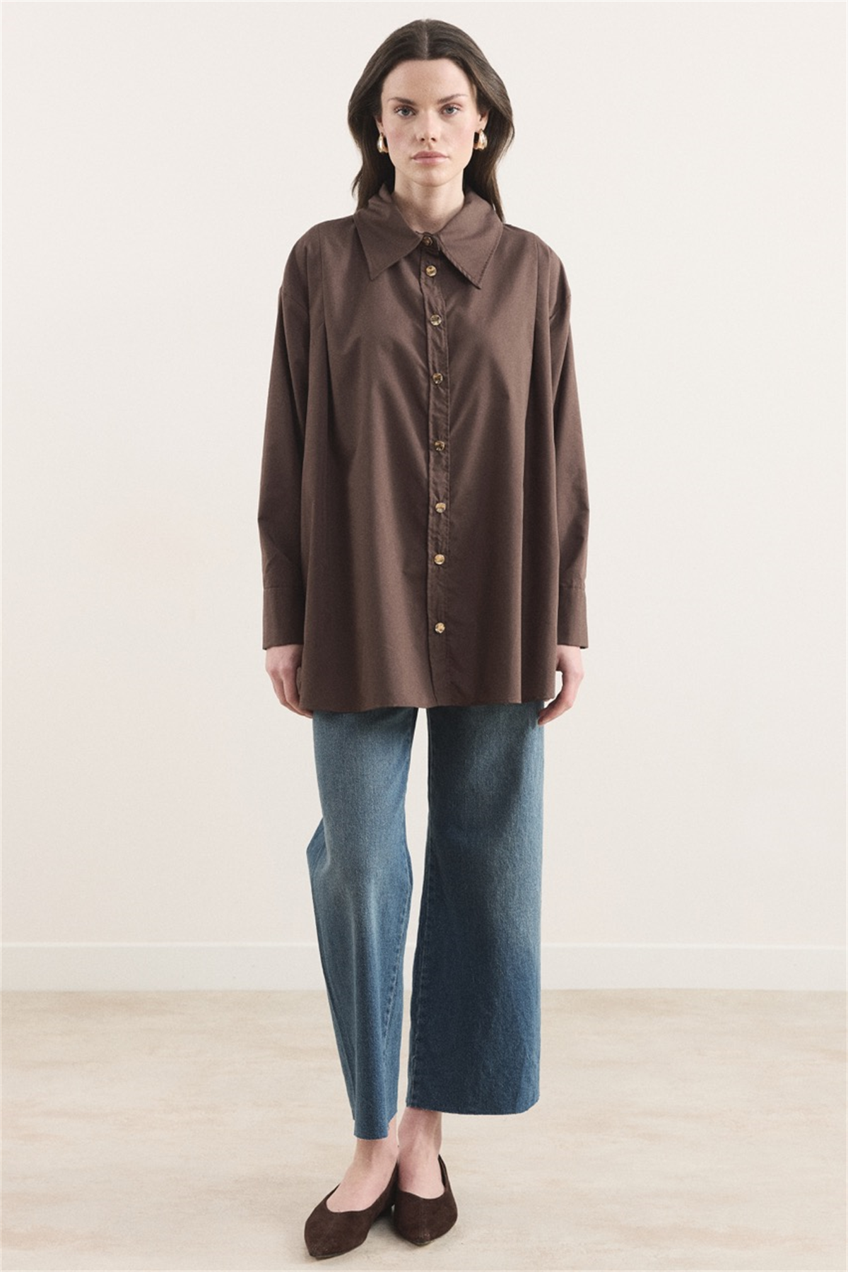 Omuz Pileli Dacron Gömlek - Kahve