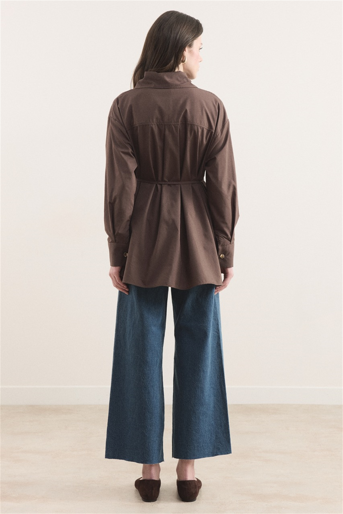 Omuz Pileli Dacron Gömlek - Kahve