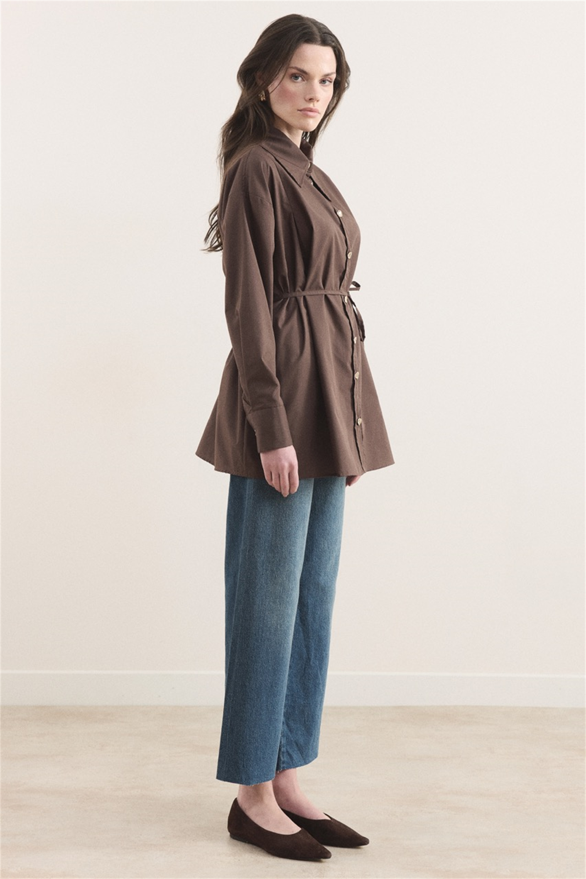 Omuz Pileli Dacron Gömlek - Kahve