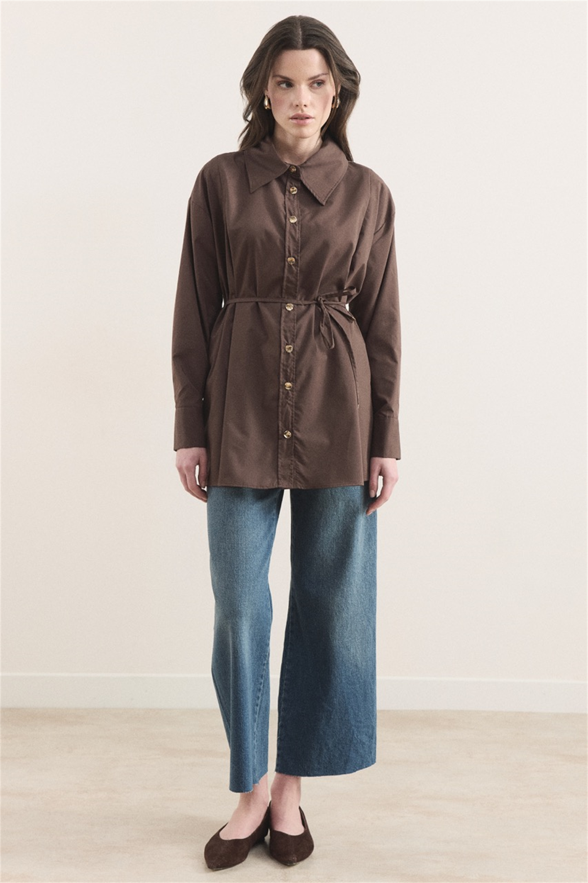 Omuz Pileli Dacron Gömlek - Kahve