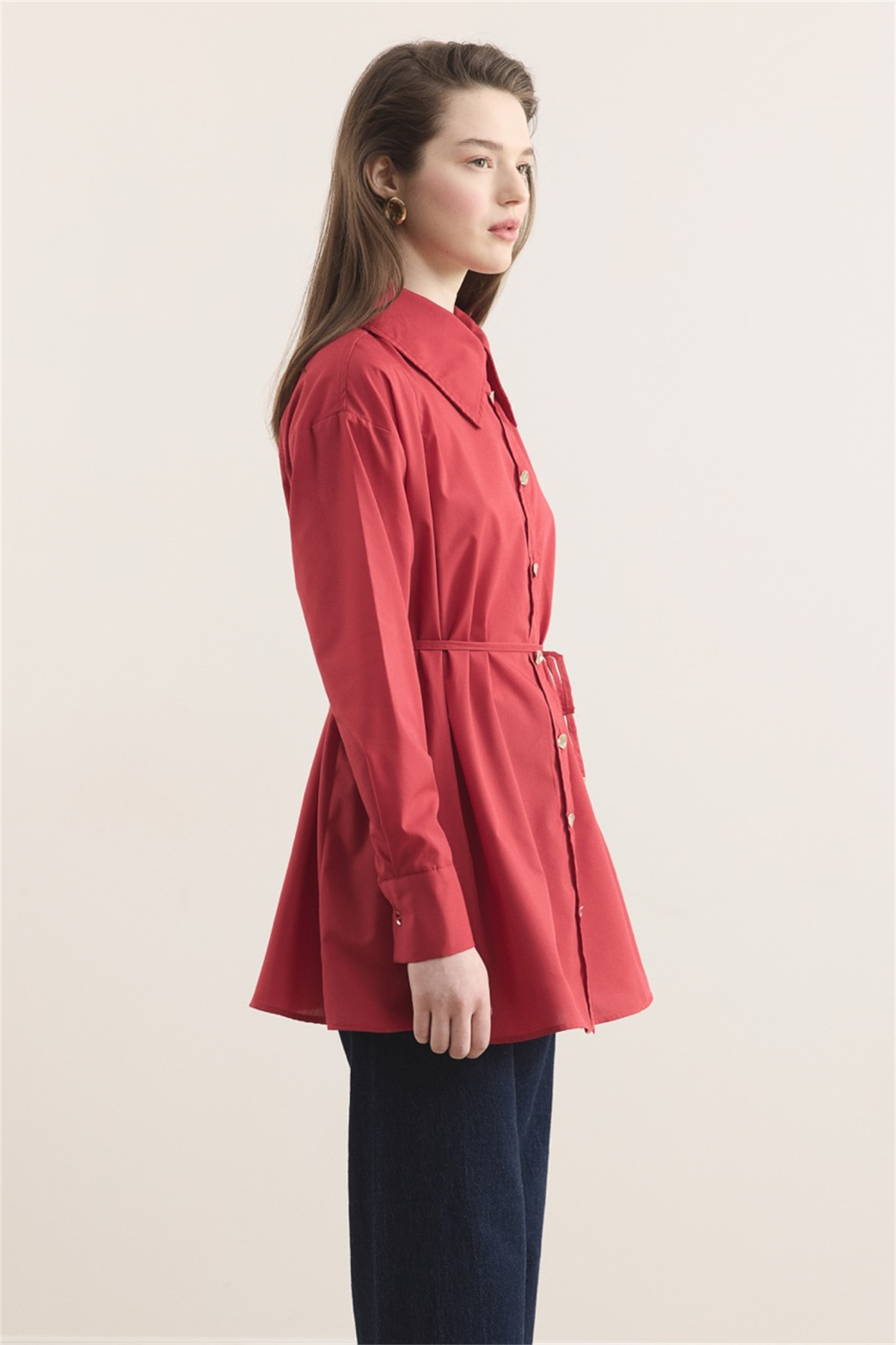 Omuz Pileli Dacron Gömlek - Kırmızı
