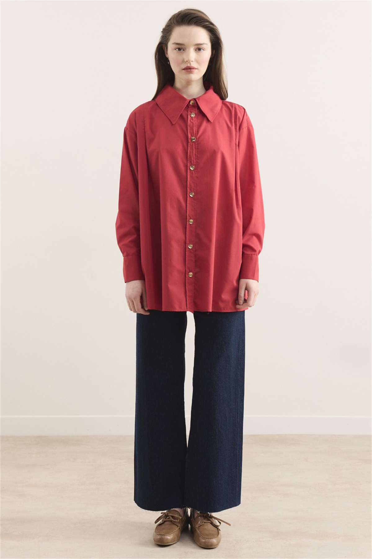 Omuz Pileli Dacron Gömlek - Kırmızı