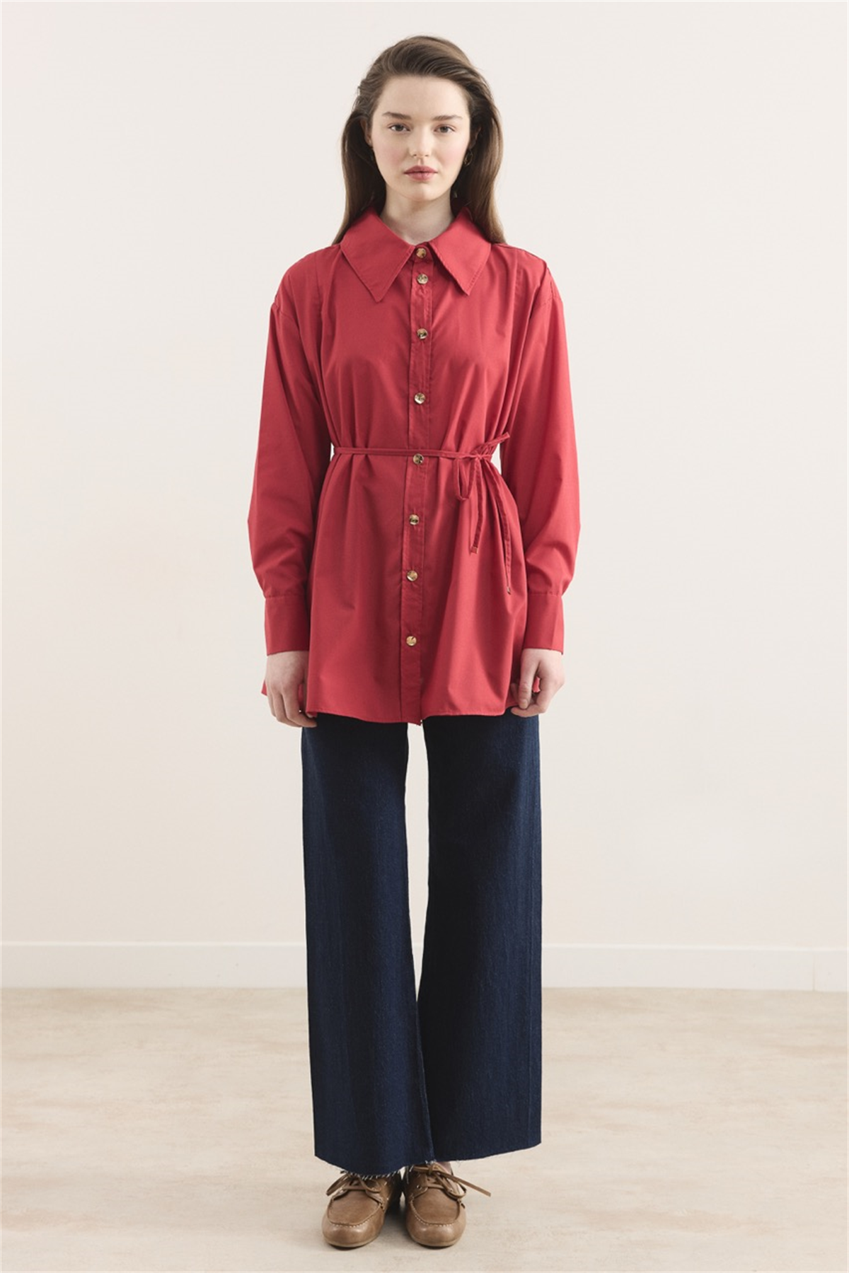 Omuz Pileli Dacron Gömlek - Kırmızı