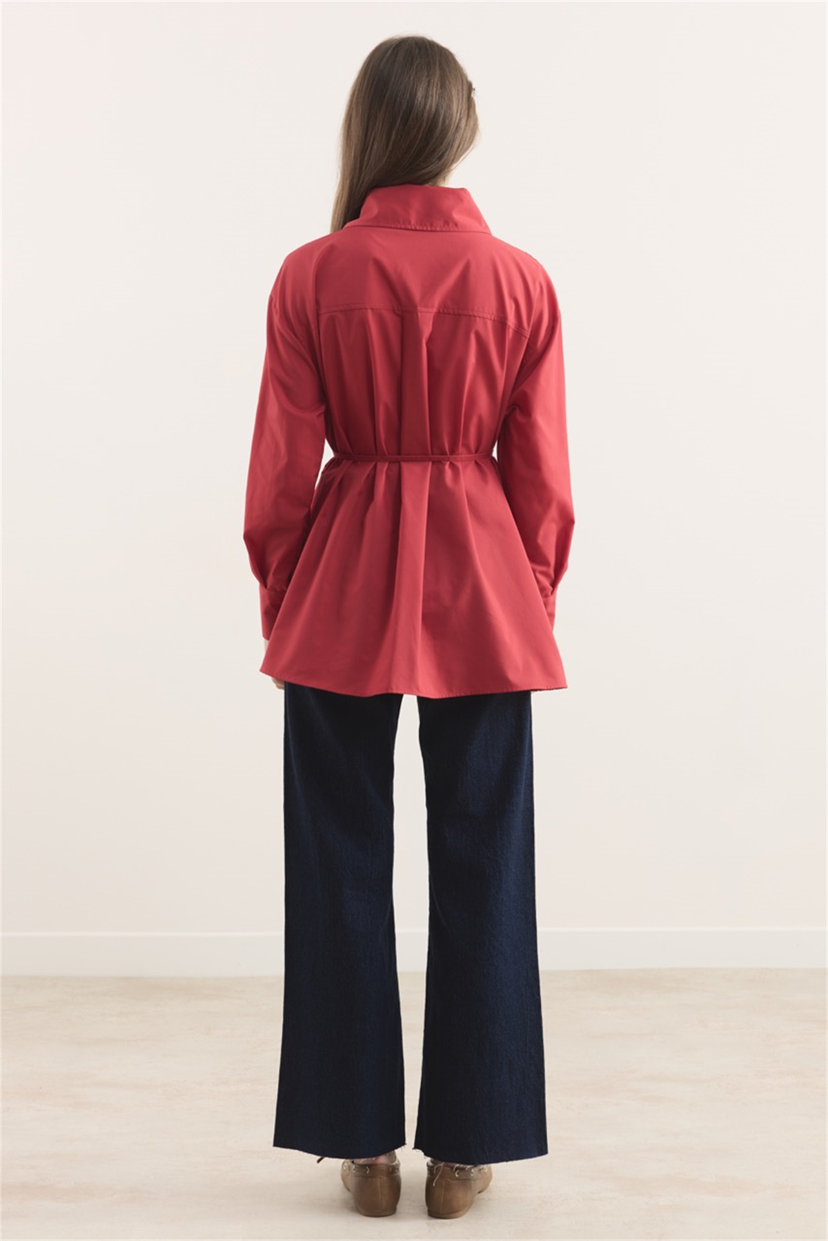 Omuz Pileli Dacron Gömlek - Kırmızı