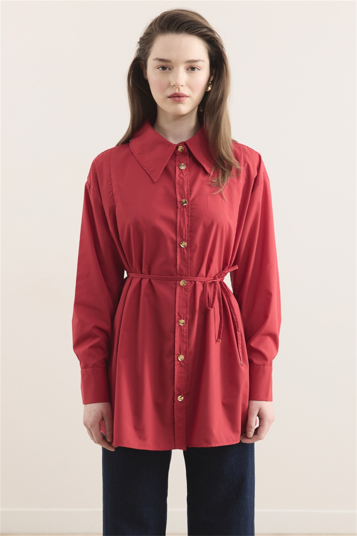 Omuz Pileli Dacron Gömlek - Kırmızı