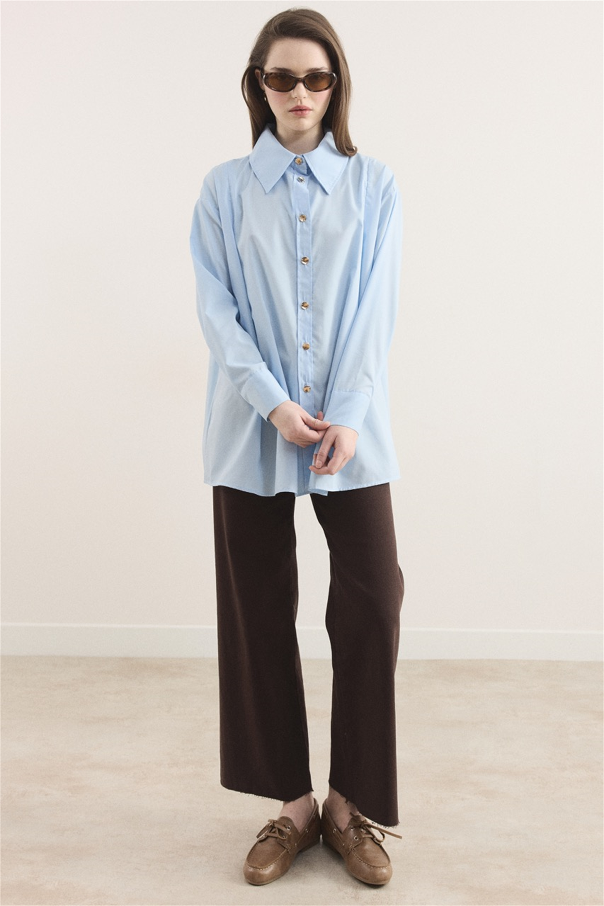 Omuz Pileli Dacron Gömlek - Mavi