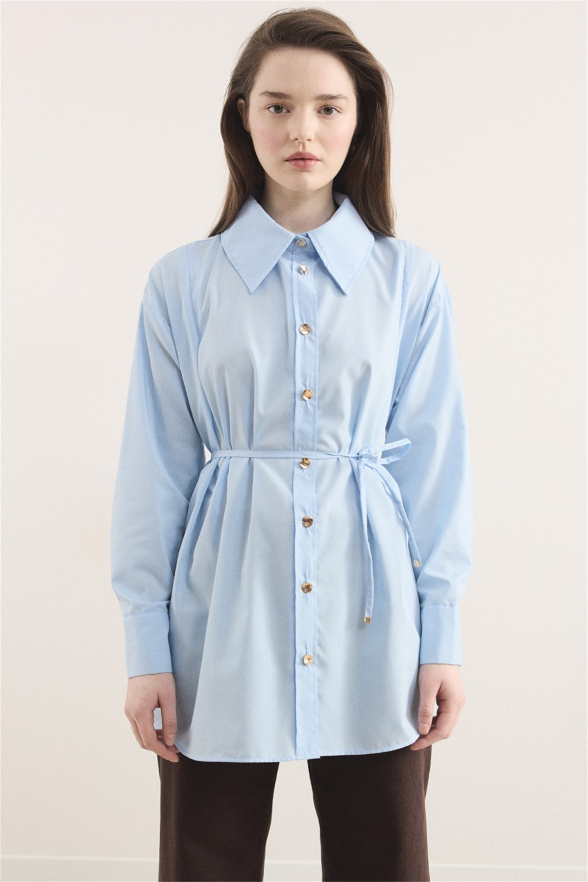 Omuz Pileli Dacron Gömlek - Mavi