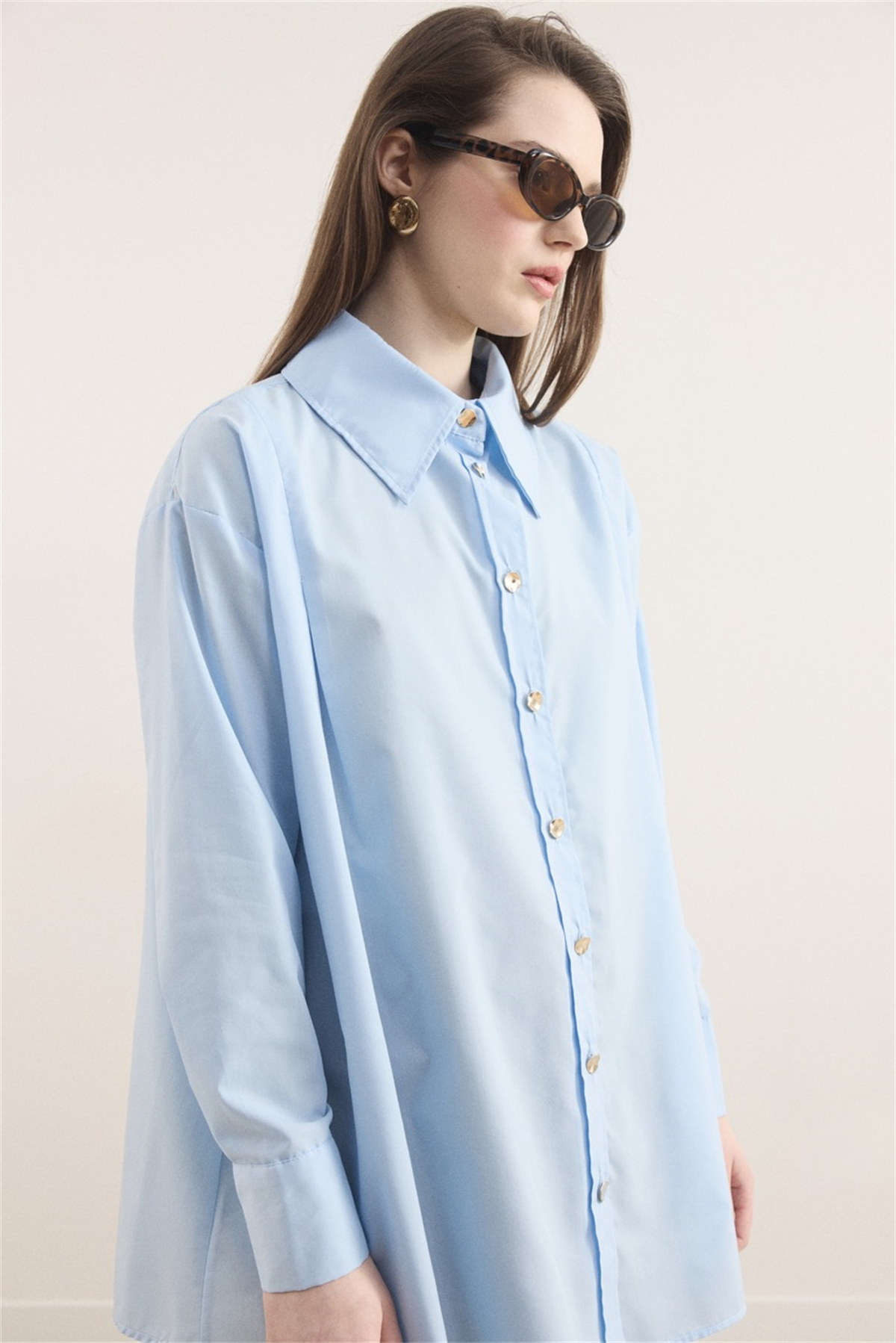 Omuz Pileli Dacron Gömlek - Mavi