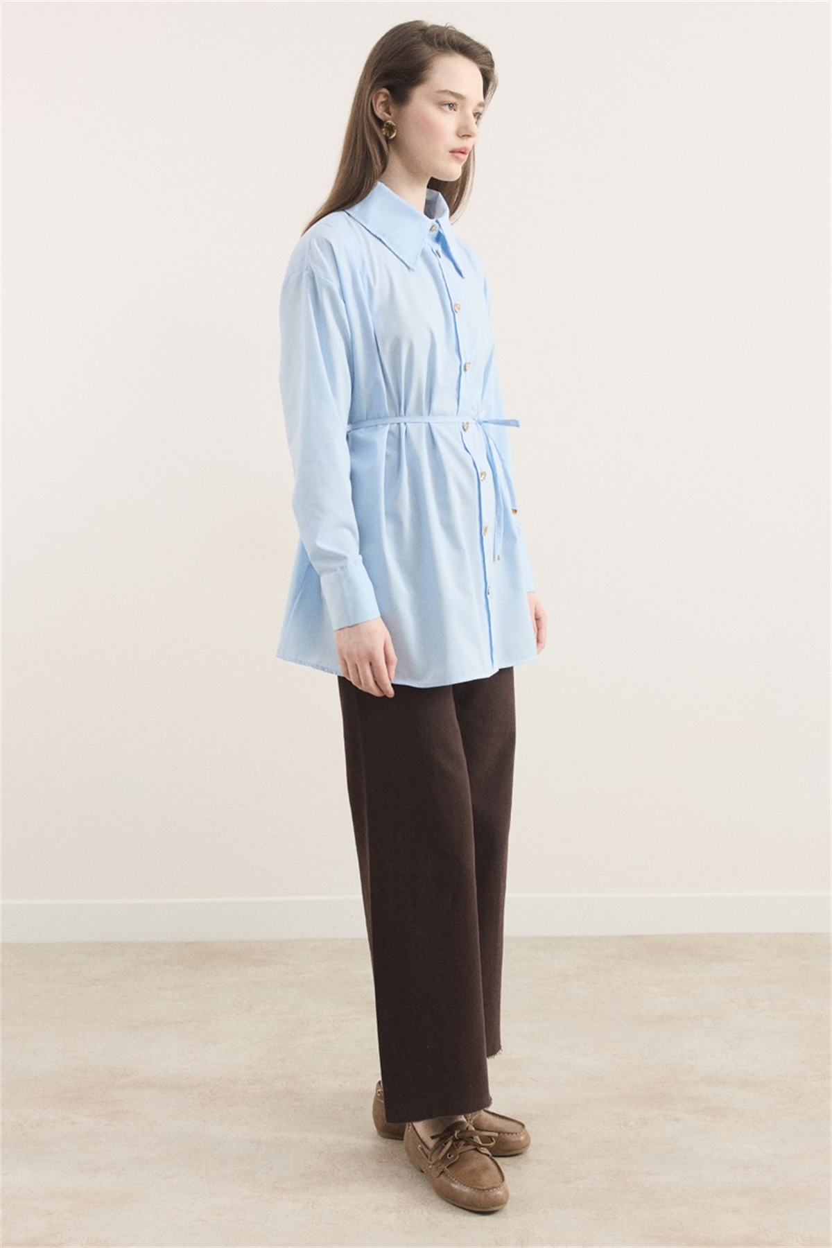 Omuz Pileli Dacron Gömlek - Mavi