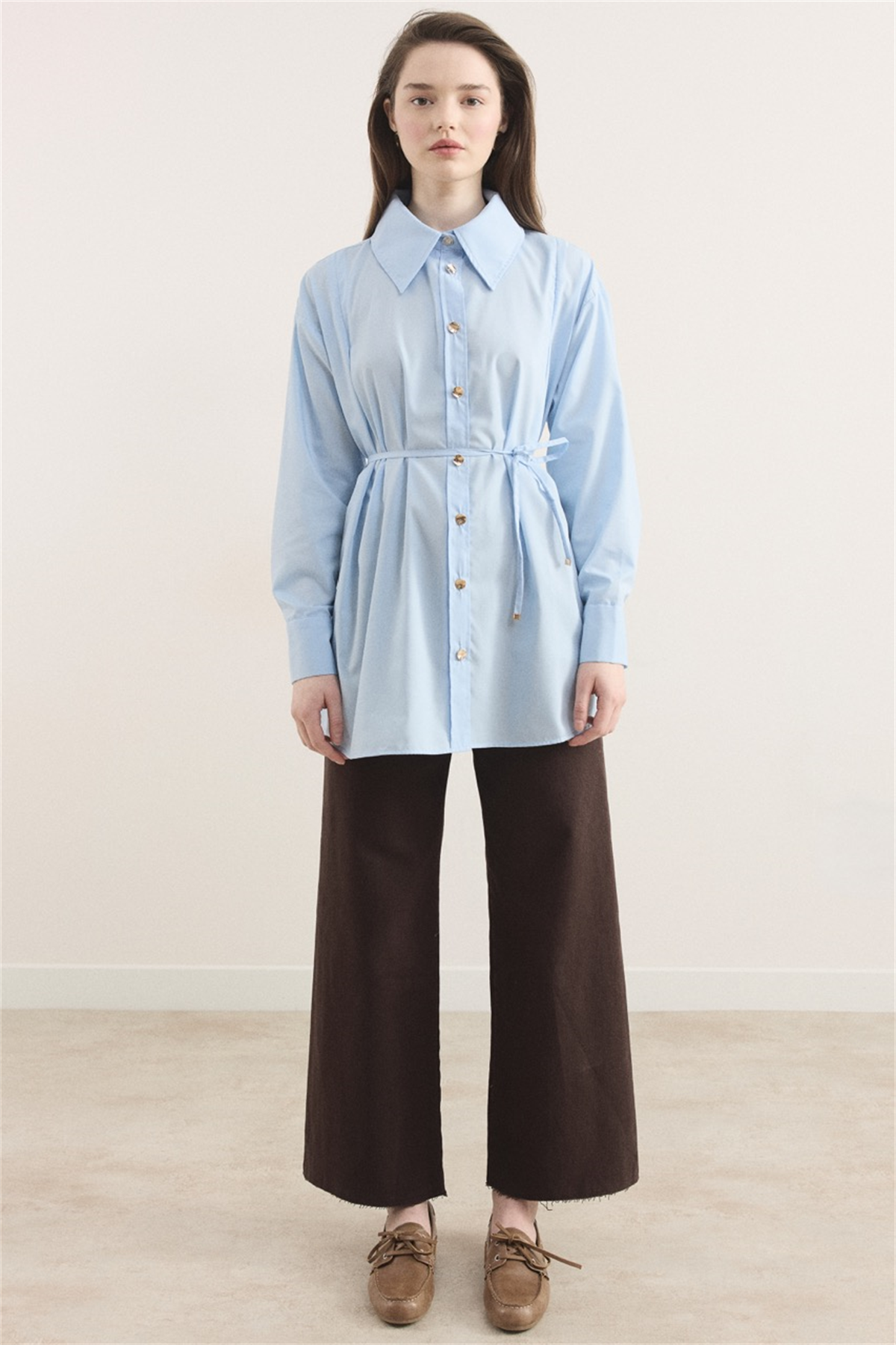 Omuz Pileli Dacron Gömlek - Mavi