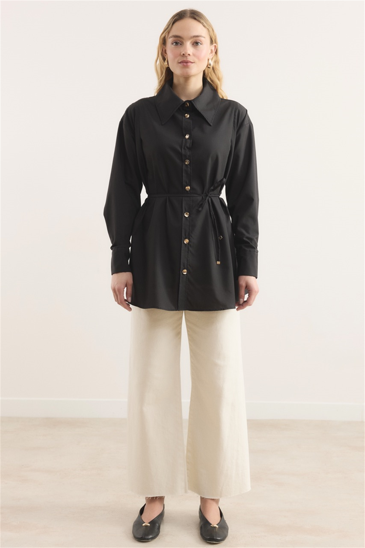 Omuz Pileli Dacron Gömlek - Siyah