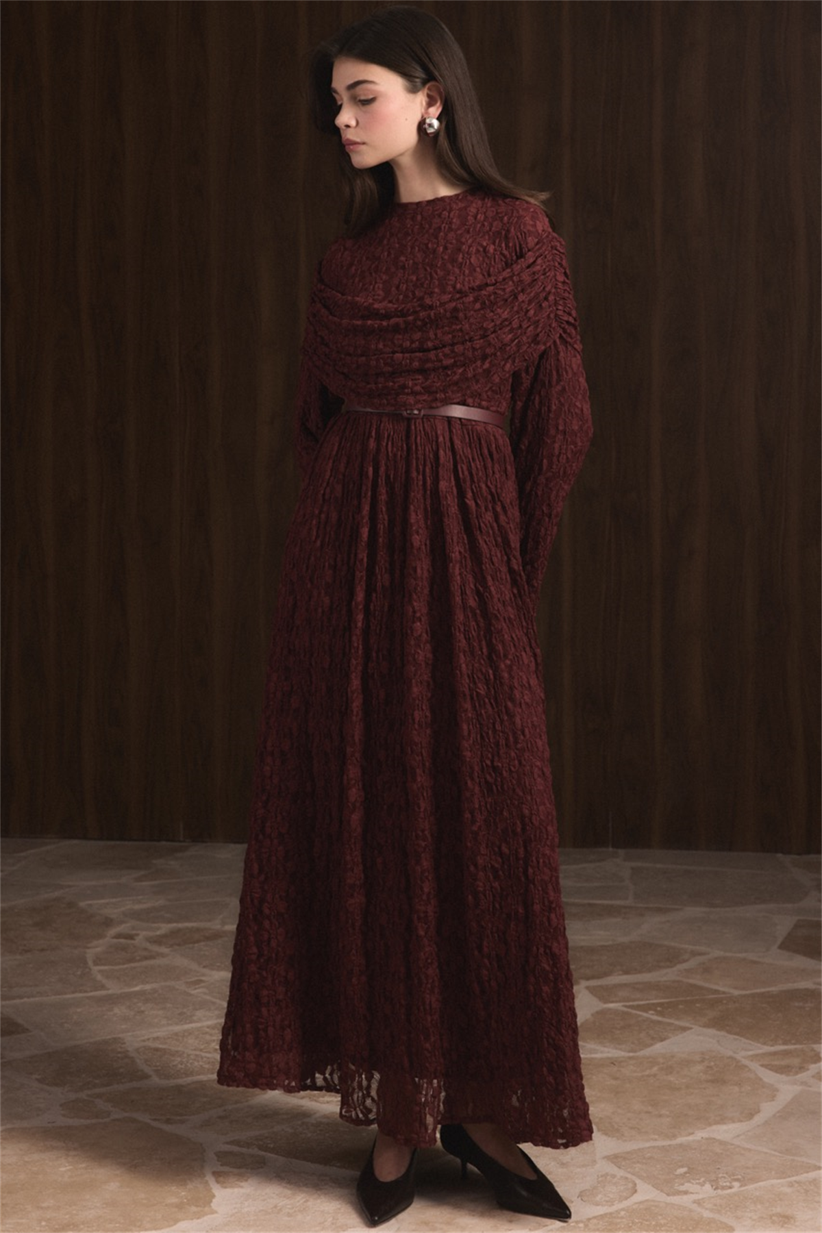 Omuz Volanlı Dantel Tül Elbise - Bordo