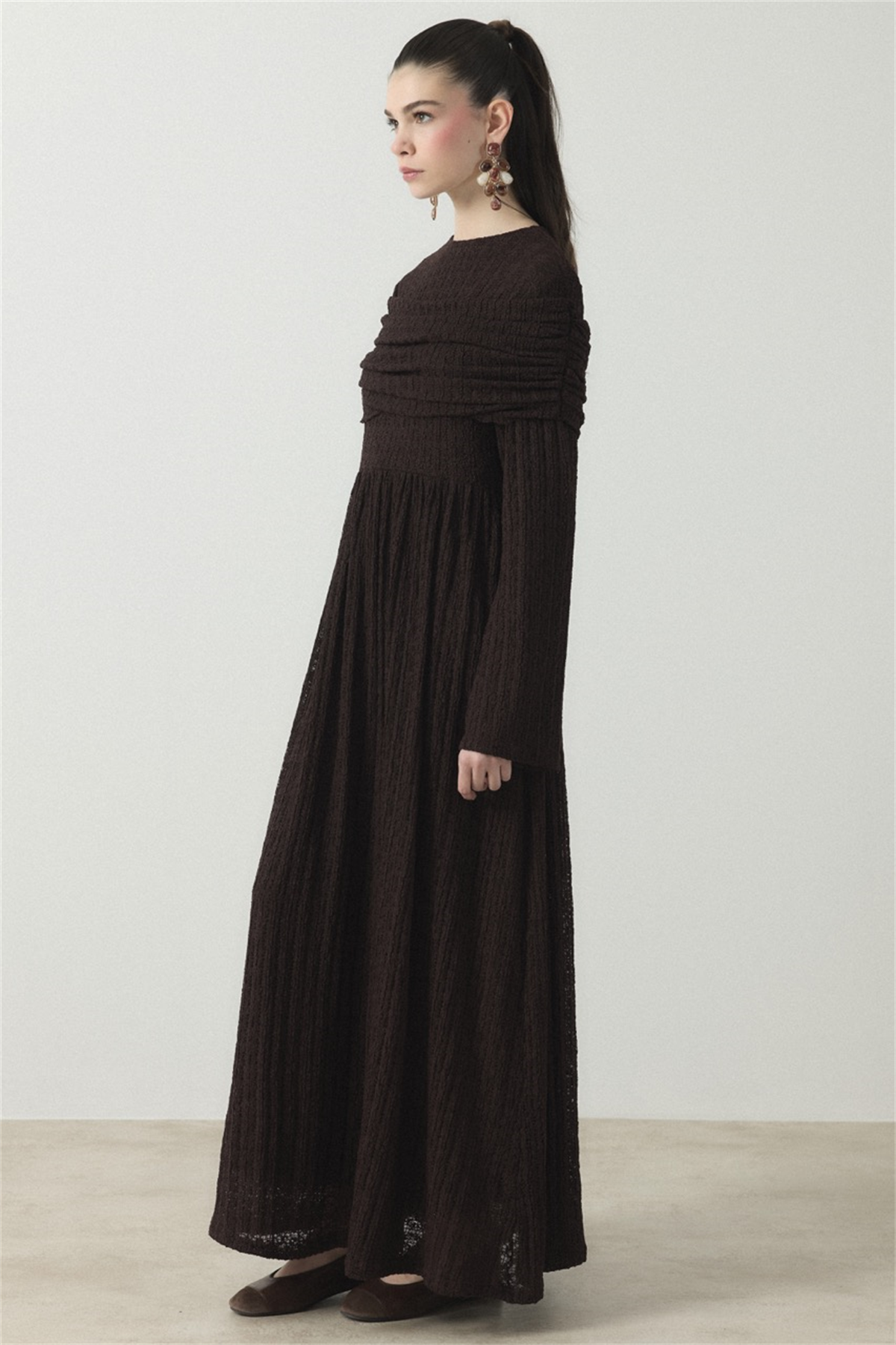 Omuz Volanlı Dantel Tül Elbise - Kahve