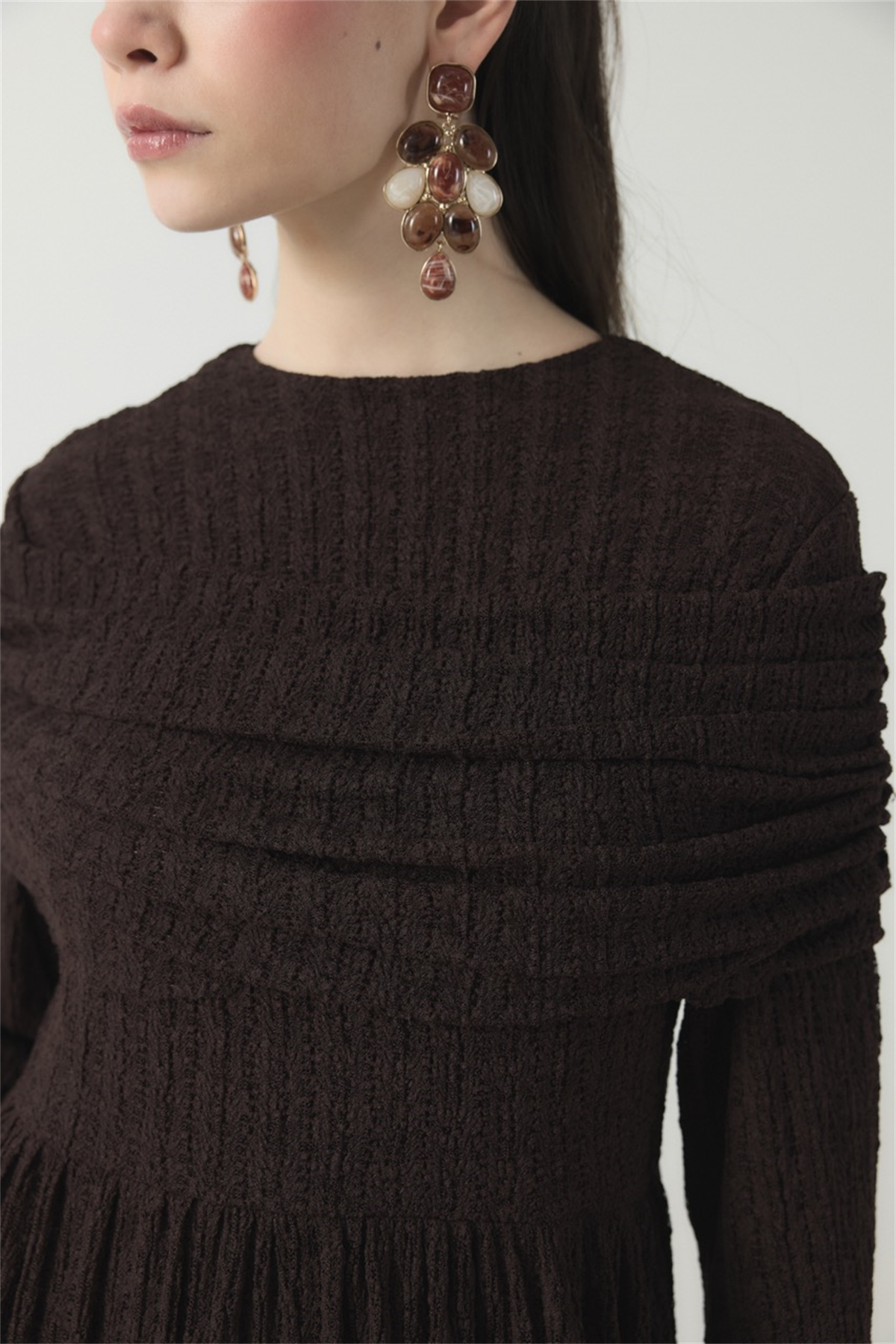 Omuz Volanlı Dantel Tül Elbise - Kahve