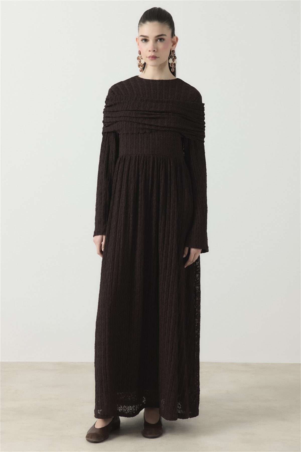 Omuz Volanlı Dantel Tül Elbise - Kahve