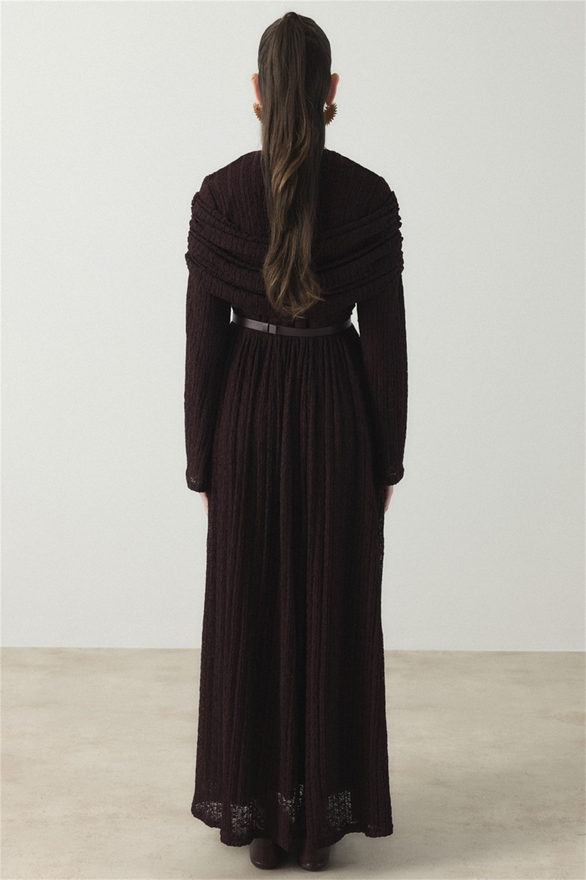 Omuz Volanlı Dantel Tül Elbise - Mürdüm