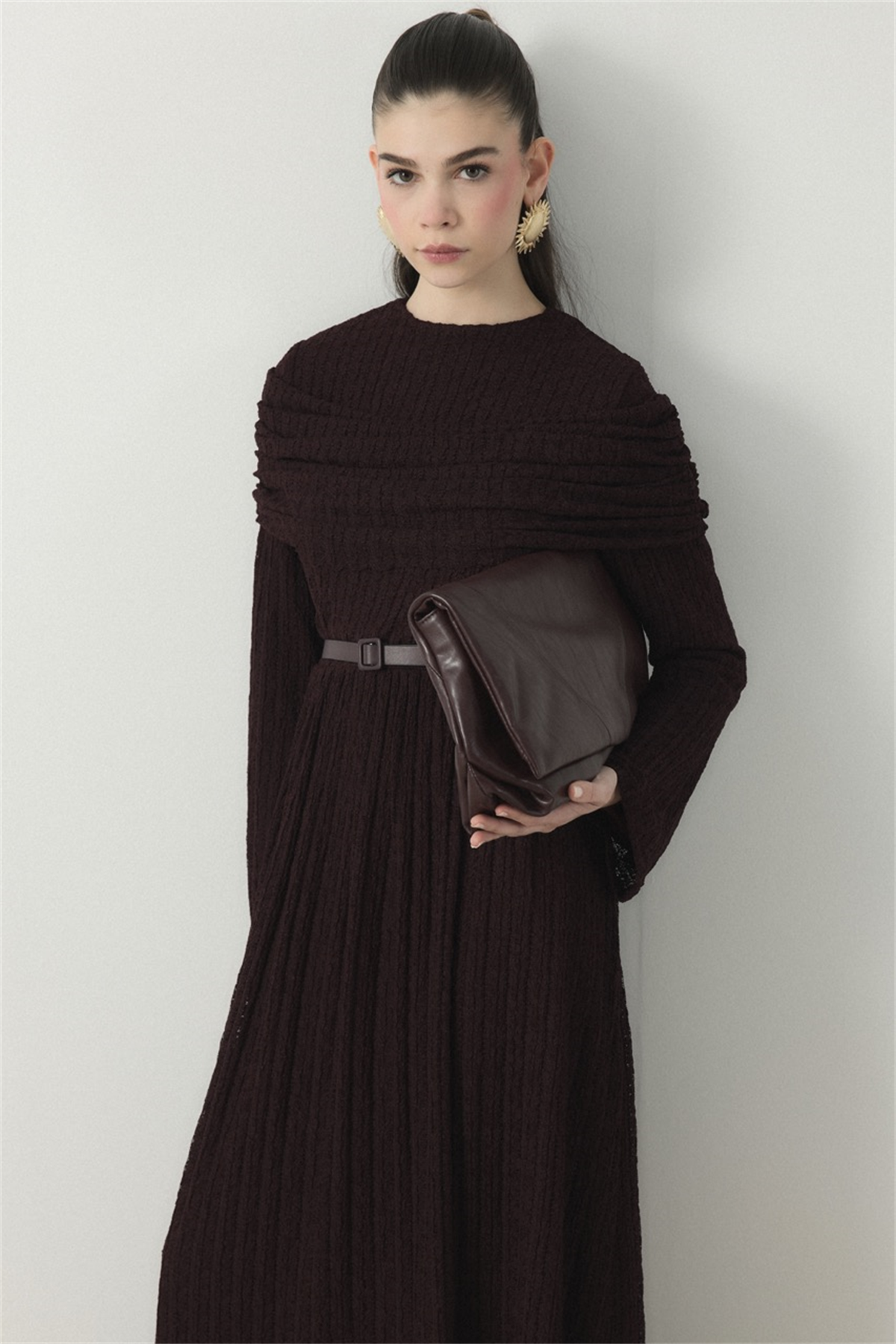 Omuz Volanlı Dantel Tül Elbise - Mürdüm