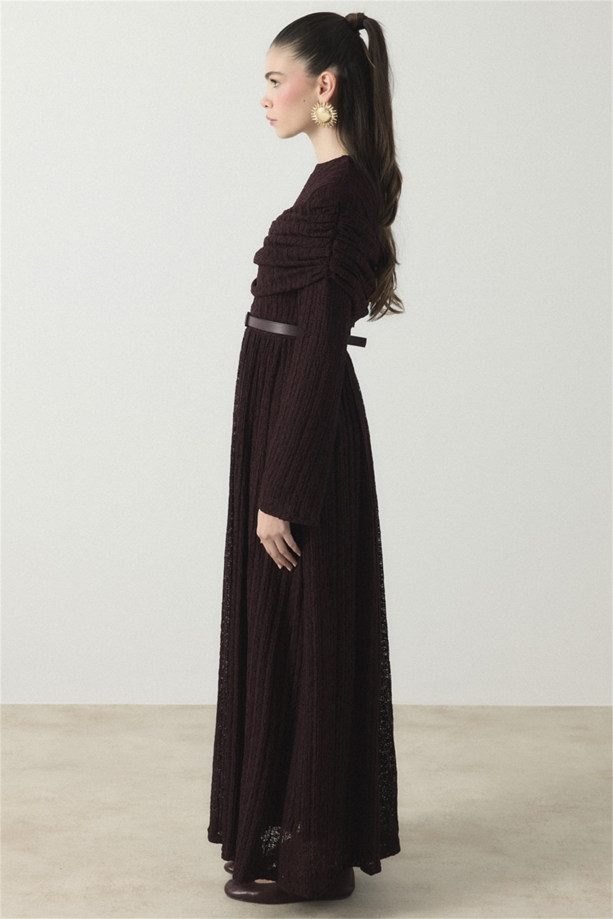 Omuz Volanlı Dantel Tül Elbise - Mürdüm