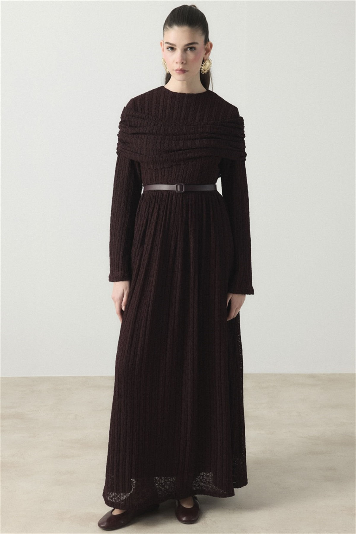 Omuz Volanlı Dantel Tül Elbise - Mürdüm