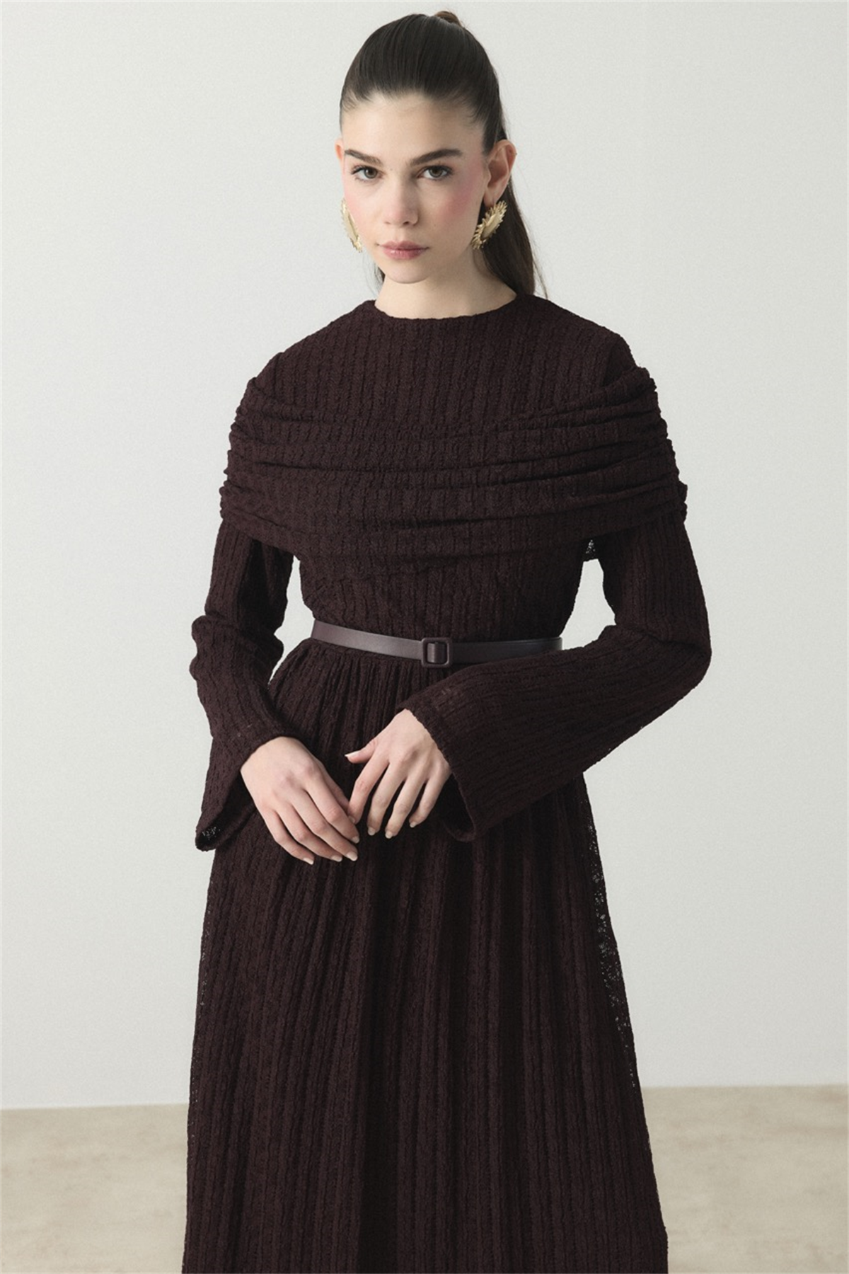 Omuz Volanlı Dantel Tül Elbise - Mürdüm