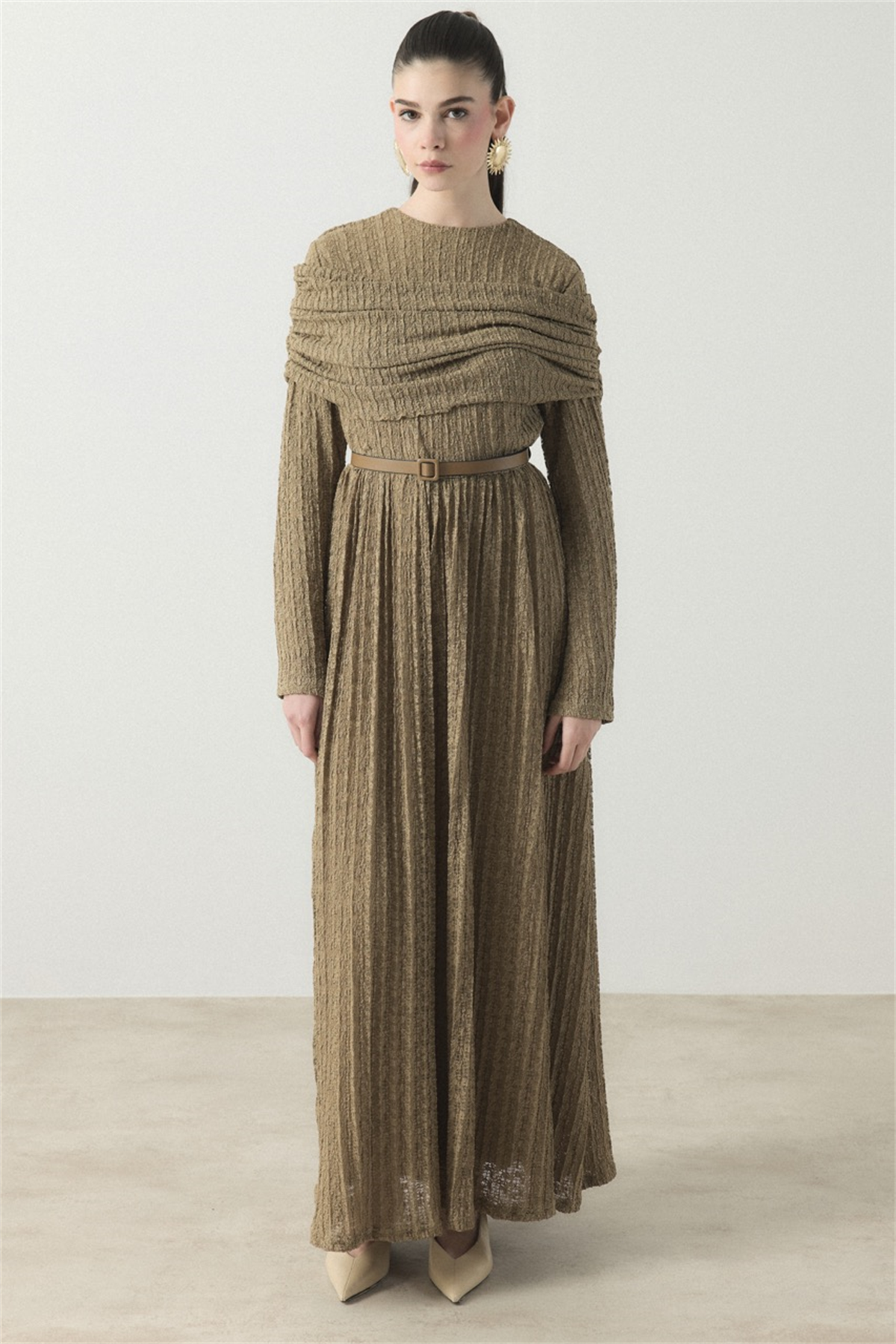 Omuz Volanlı Dantel Tül Elbise - Yağ Yeşili