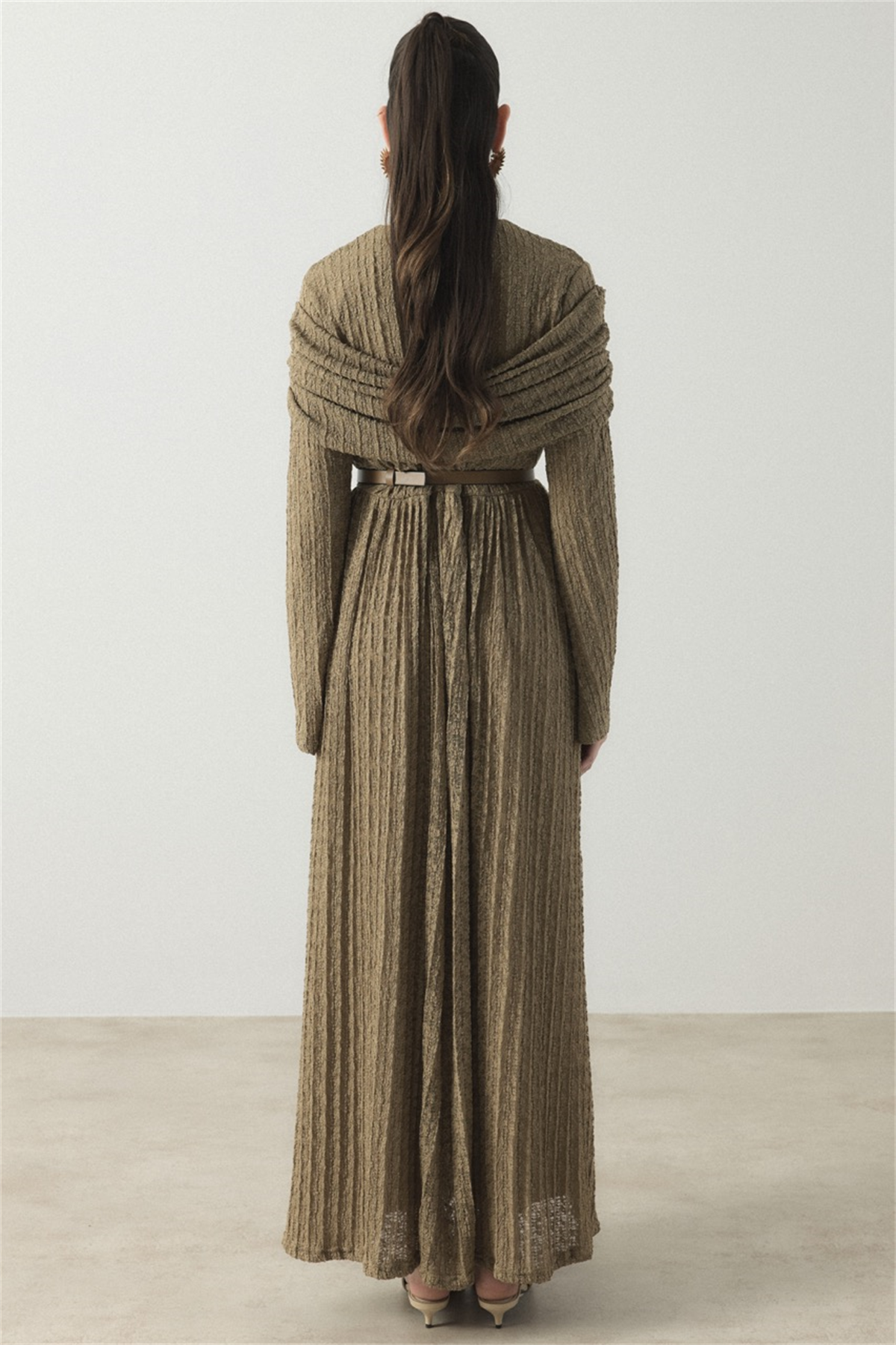 Omuz Volanlı Dantel Tül Elbise - Yağ Yeşili