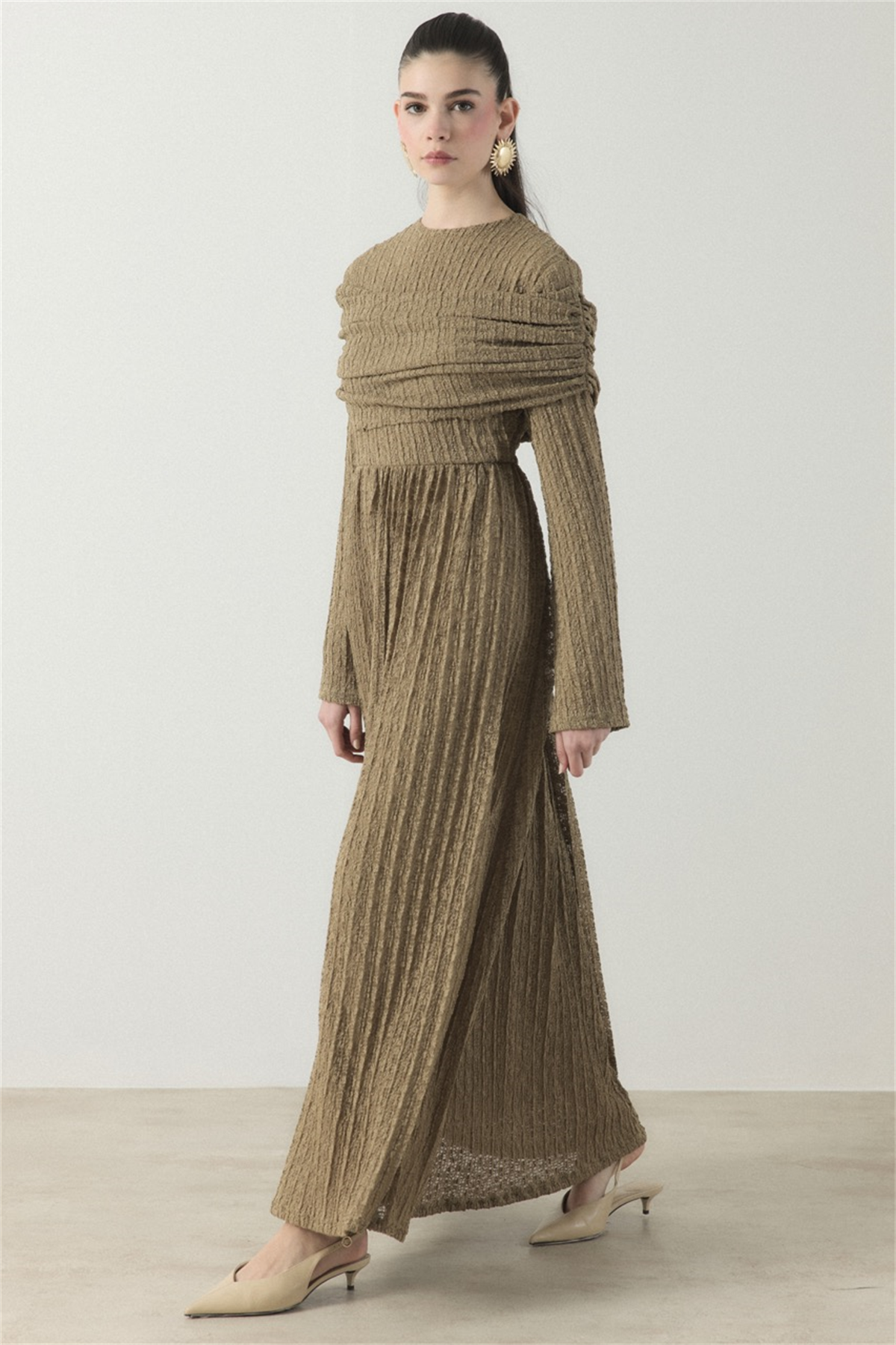 Omuz Volanlı Dantel Tül Elbise - Yağ Yeşili