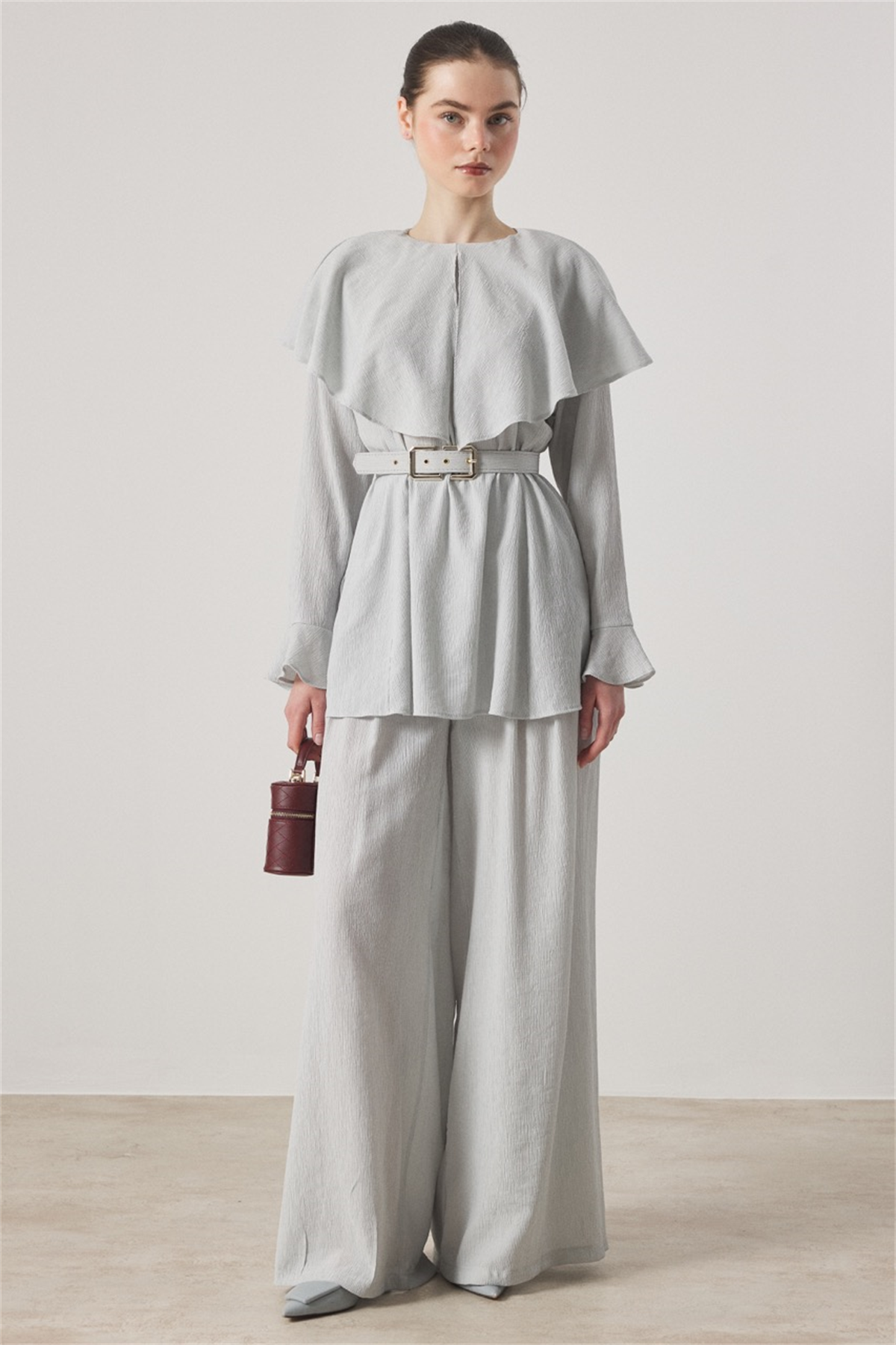 Omuzdan Allerli Mono Piliseli Takım - Gri