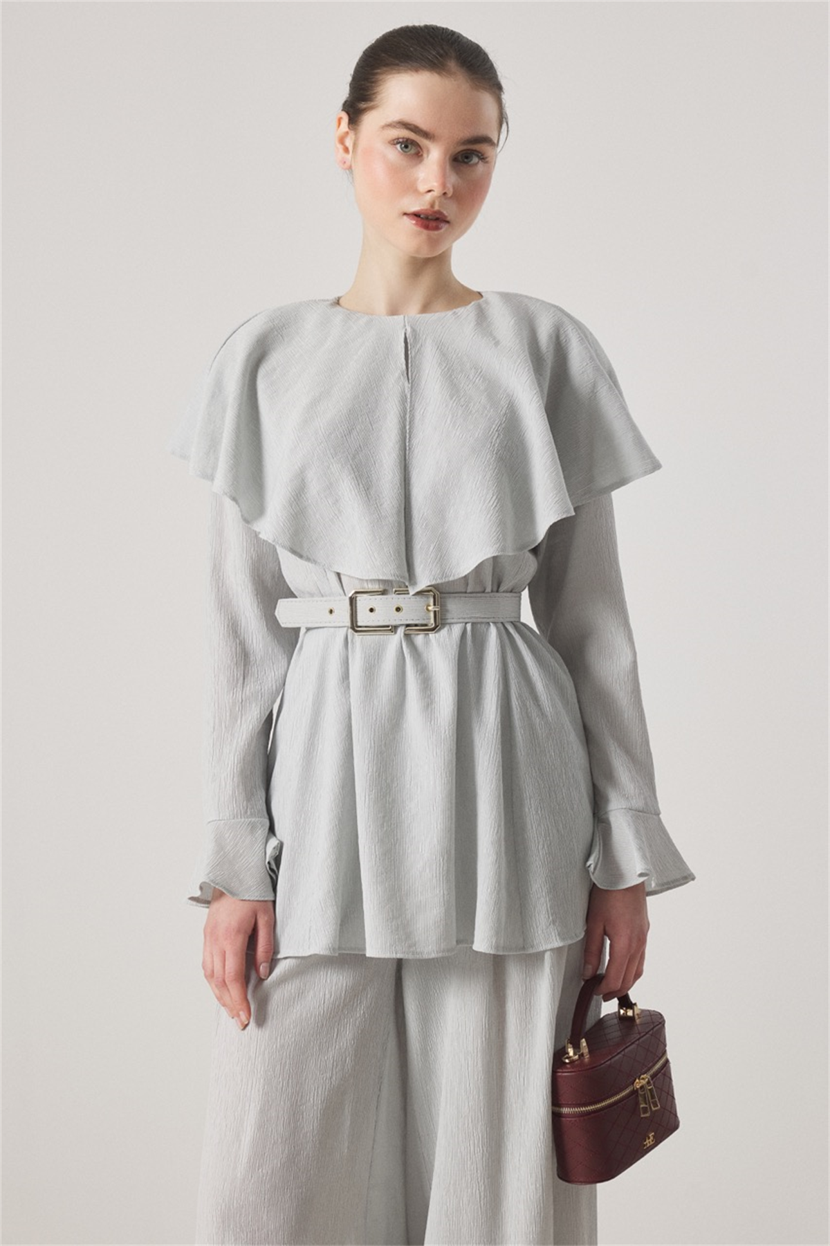 Omuzdan Allerli Mono Piliseli Takım - Gri