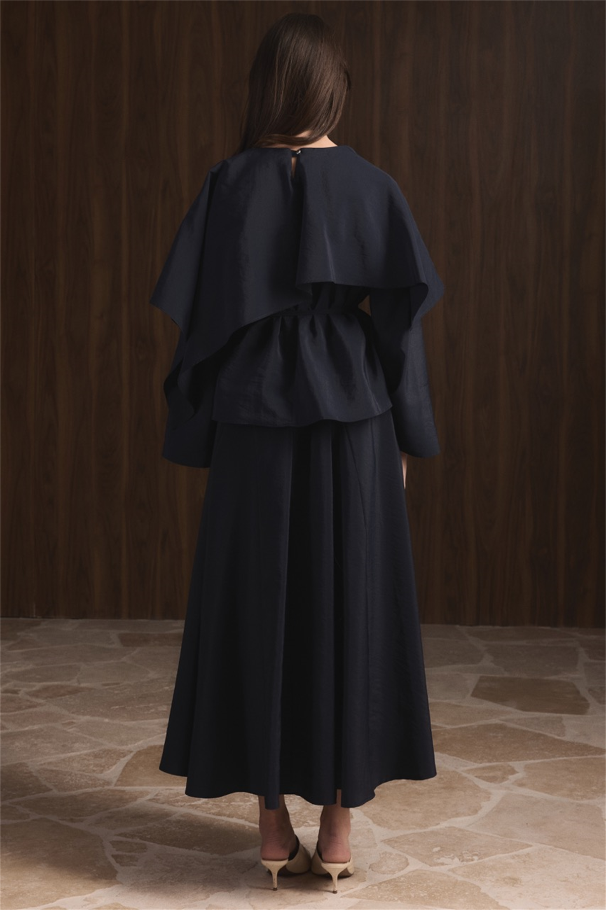 Omuzdan Şallı Biye Kuşak Etekli Takım - Lacivert