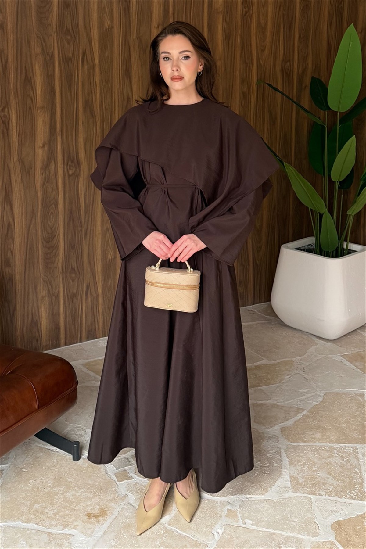 Omuzdan Şallı Biye Kuşak Etekli Takım - Acı Kahve