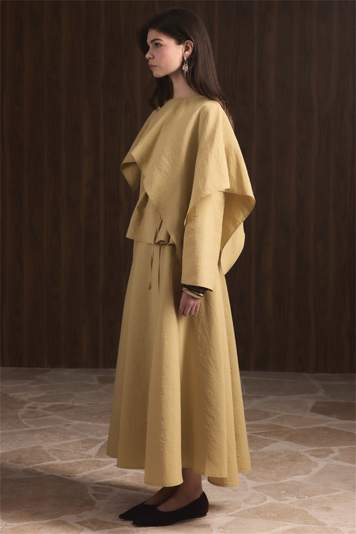 Omuzdan Şallı Biye Kuşak Etekli Takım - Yağ Yeşili