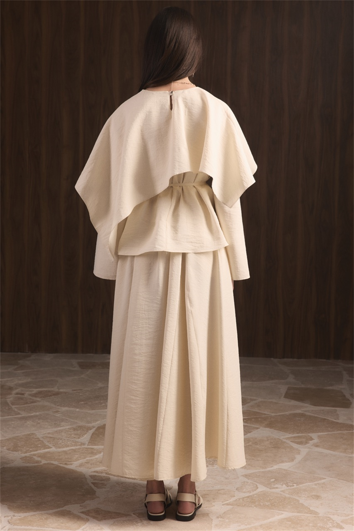 Omuzdan Şallı Biye Kuşak Etekli Takım - Taş