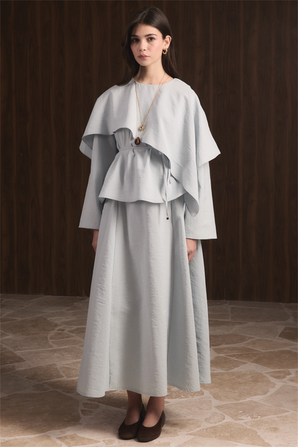 Omuzdan Şallı Biye Kuşak Etekli Takım - Mavi