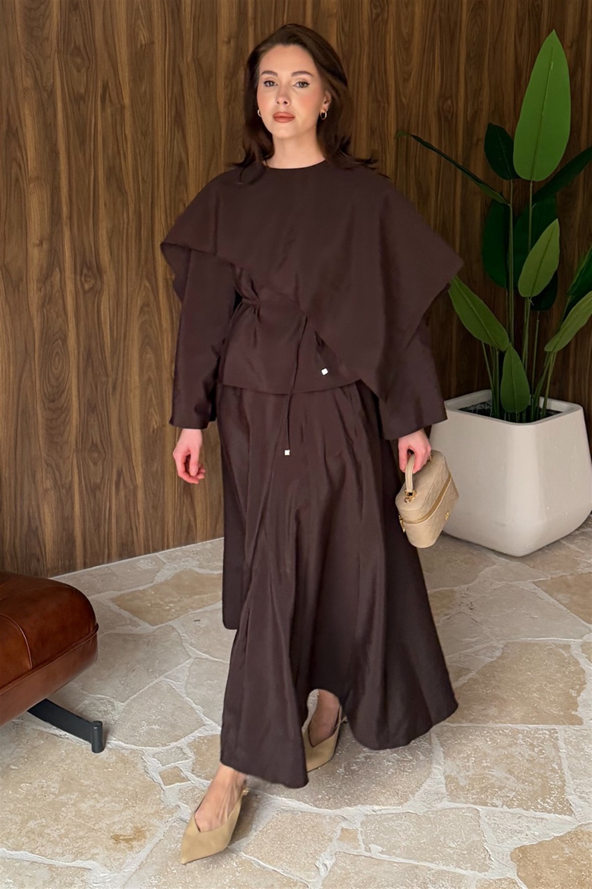 Omuzdan Şallı Biye Kuşak Etekli Takım - Acı Kahve