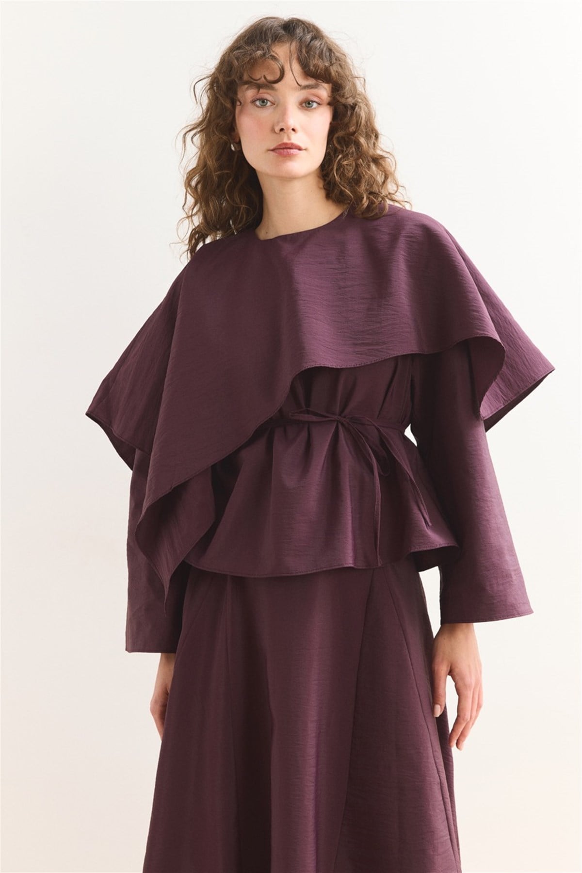 Omuzdan Şallı Biye Kuşak Etekli Takım - Bordo