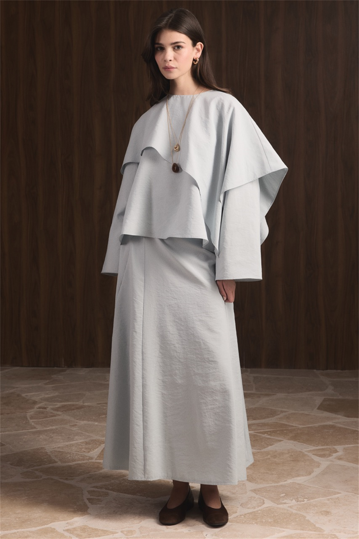 Omuzdan Şallı Biye Kuşak Etekli Takım - Mavi