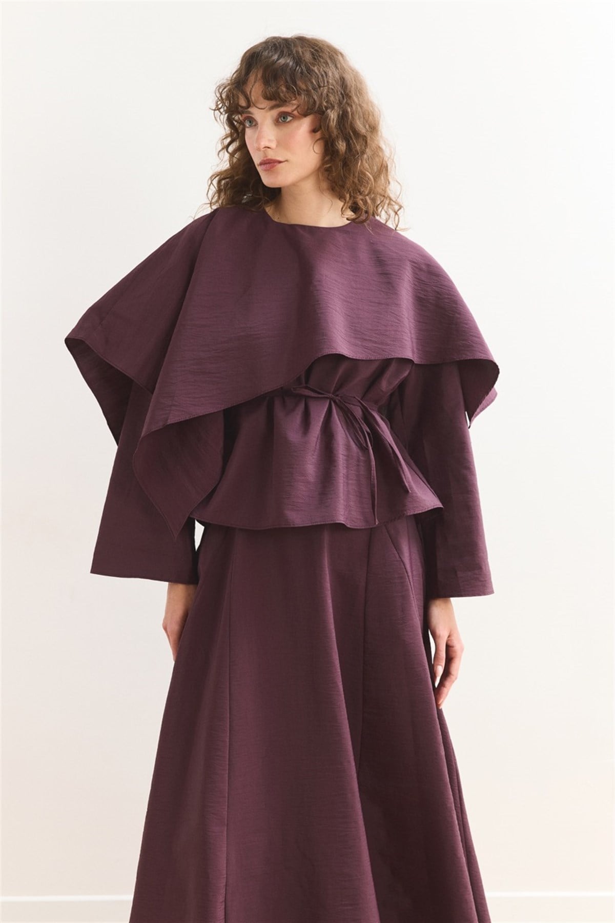 Omuzdan Şallı Biye Kuşak Etekli Takım - Bordo