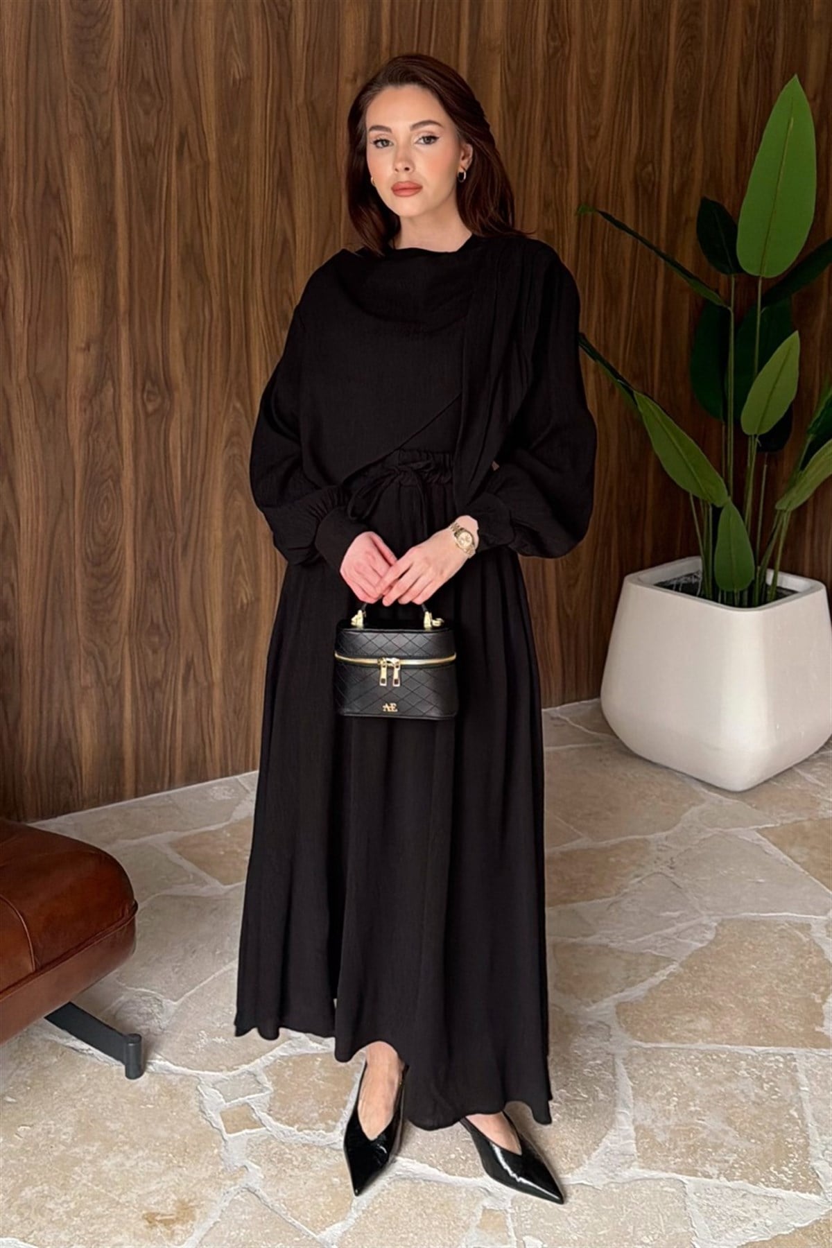 Omuzdan Şallı Mono Pilise Etek Takım - Siyah